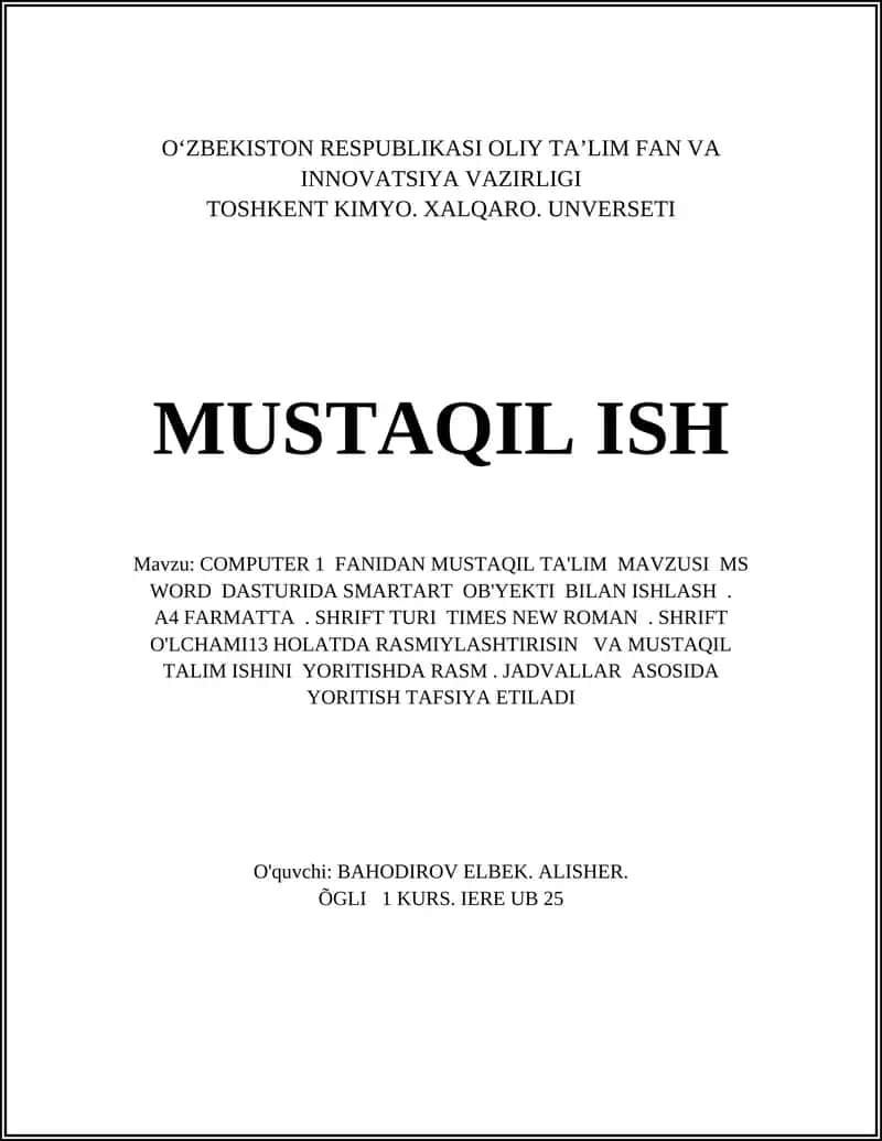 COMPUTER 1 FANIDAN MUSTAQIL TA'LIM MAVZUSI MS WORD DASTURIDA SMARTART OB'YEKTI BILAN ISHLASH