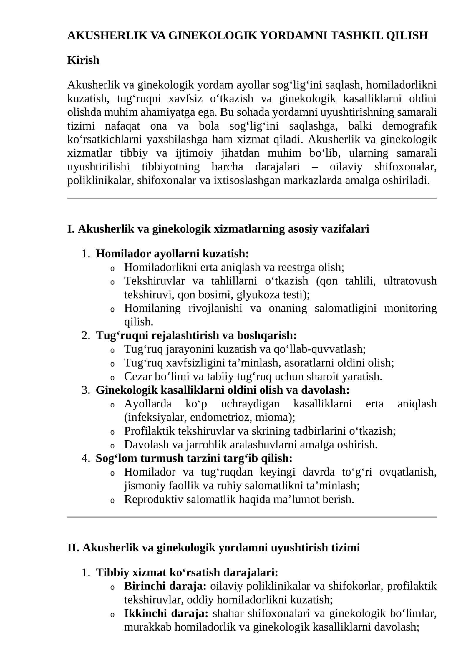 AKUSHERLIK VA GINEKOLOGIK YORDAMNI TASHKIL QILISH