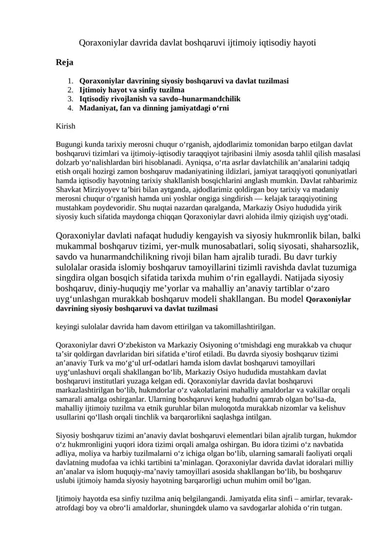 Qoraxoniylar davrida davlat boshqaruvi ijtimoiy iqtisodiy hayoti