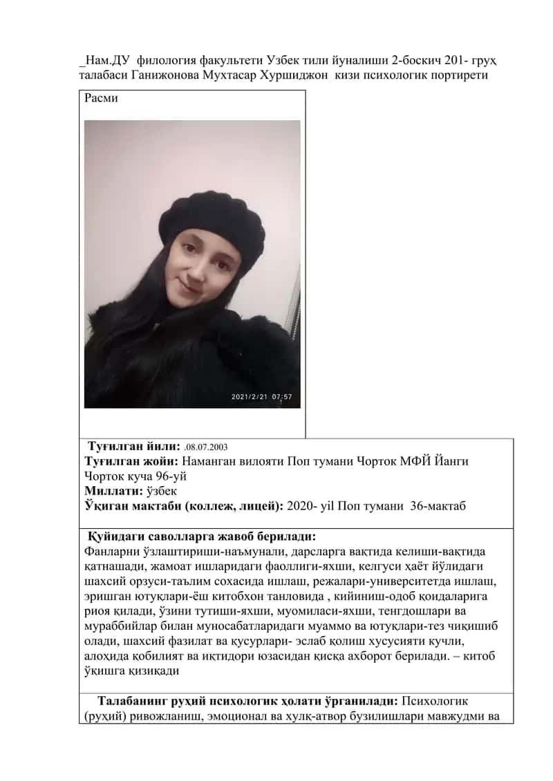 Ganijonova Mukhtasar Khurshidjon kizi psixologik portreti