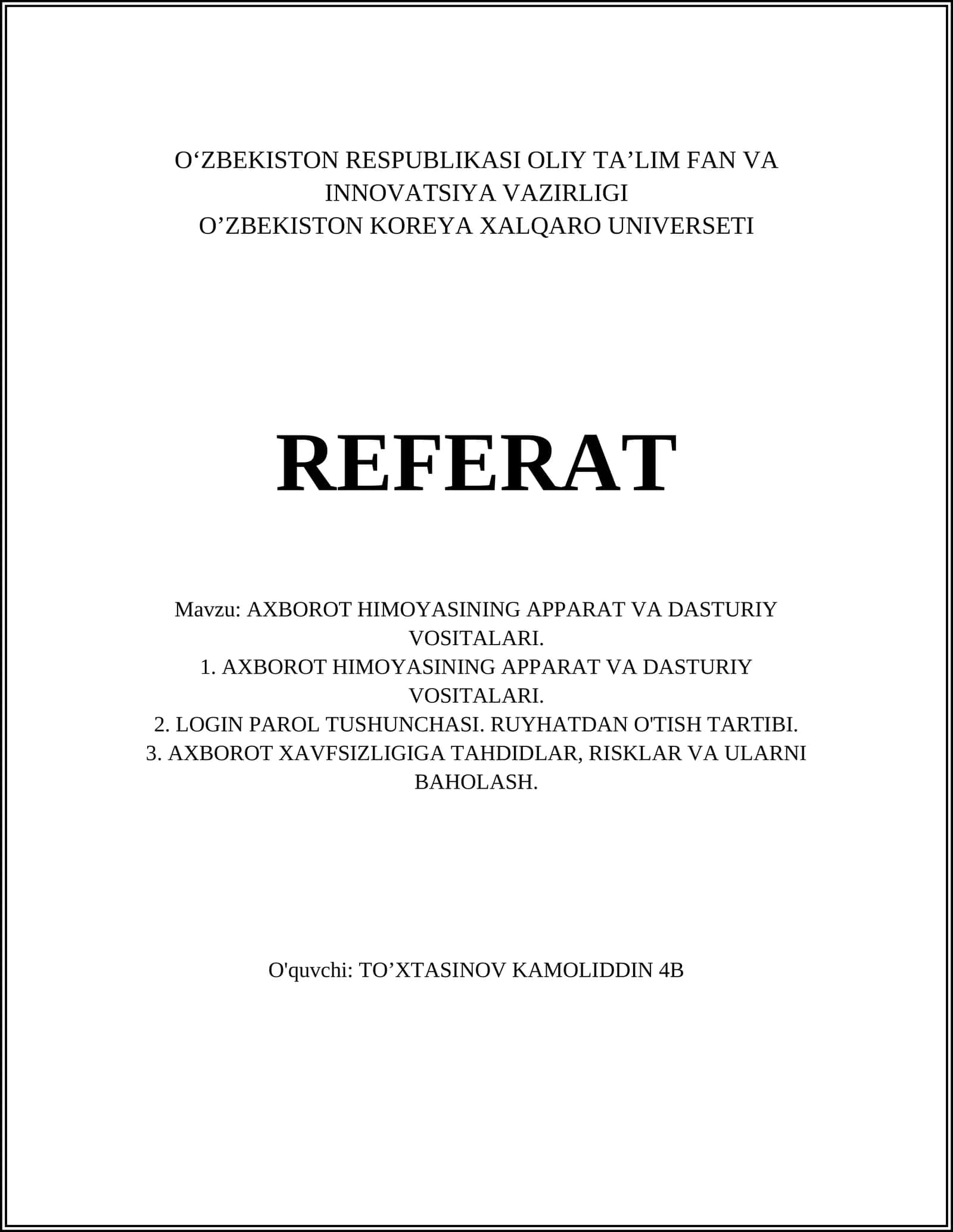 AXBOROT HIMOYASINING APPARAT VA DASTURIY VOSITALARI