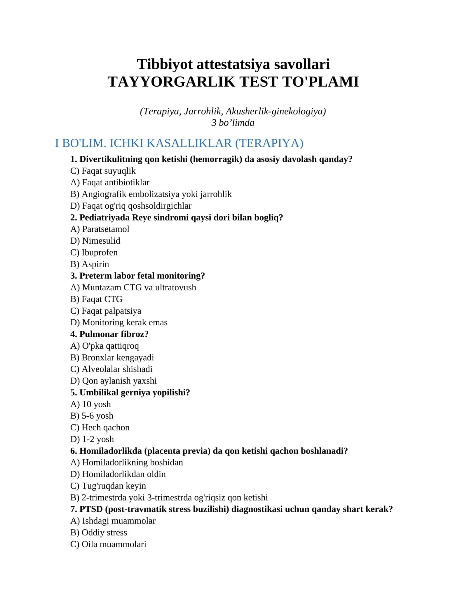 Tibbiyot attestatsiya savollari