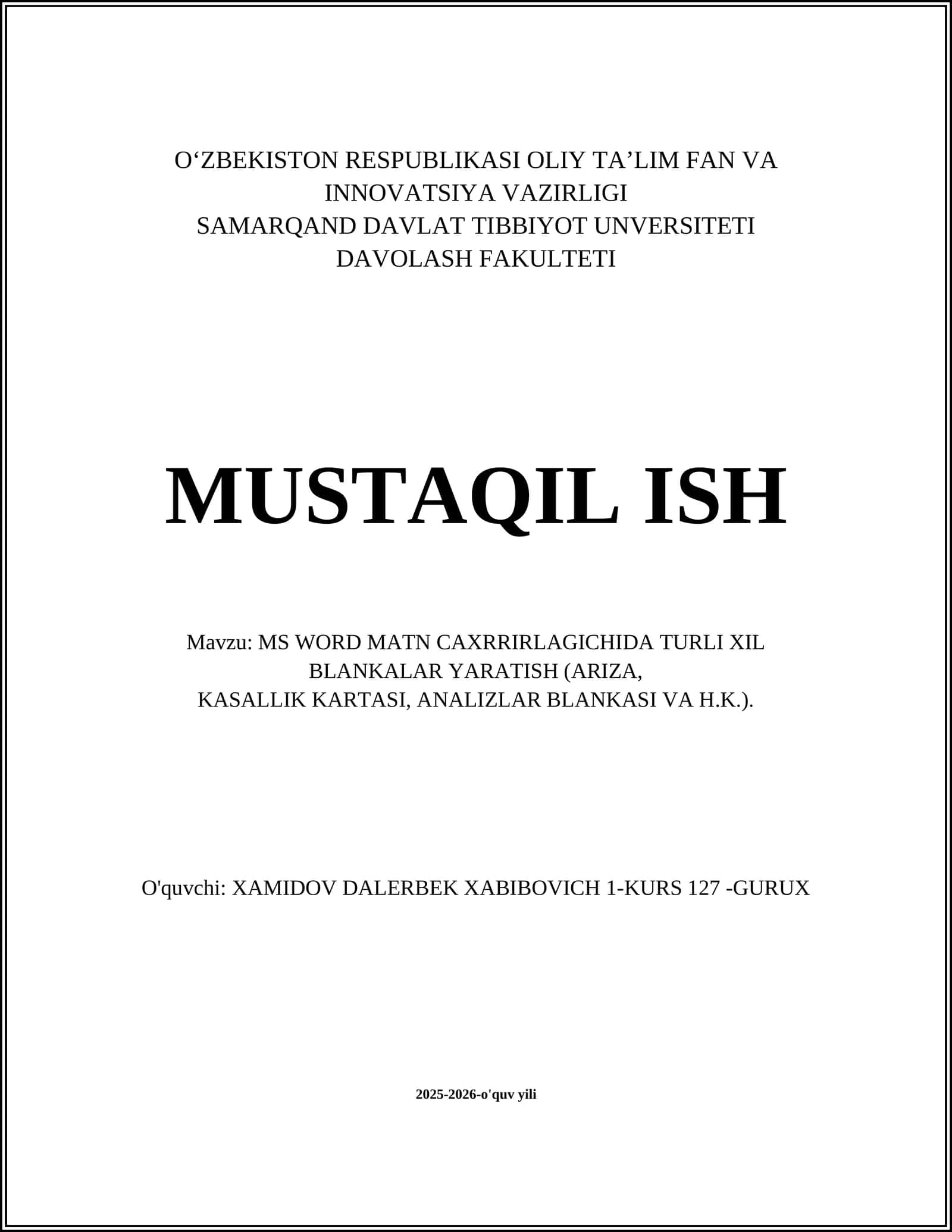 MS WORD MATN CAXRRIRLAGICHIDA TURLI XIL BLANKALAR YARATISH