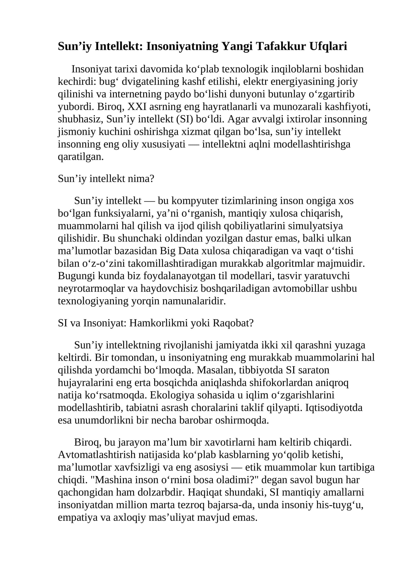 Sun’iy Intellekt: Insoniyatning Yangi Tafakkur Ufqlari
