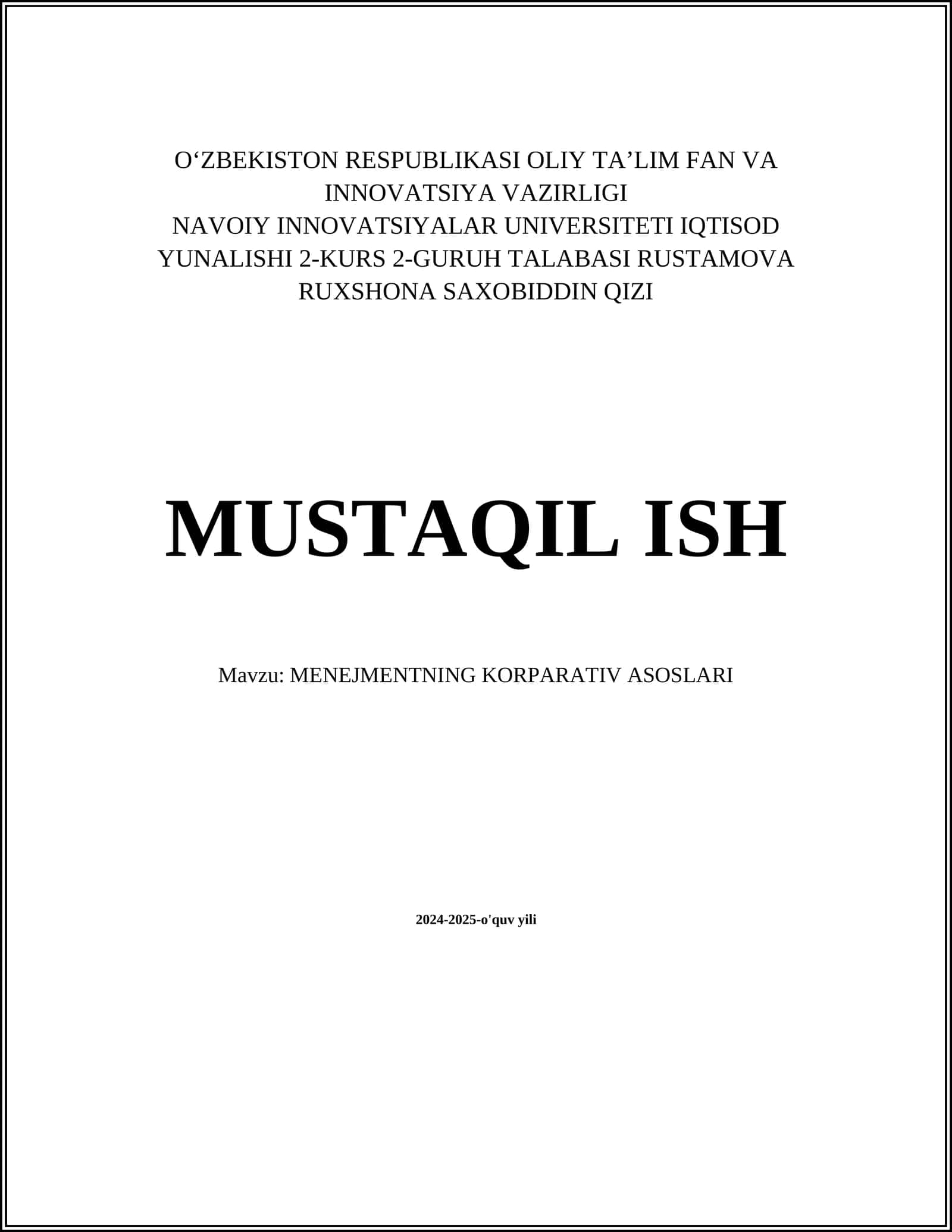 MENEJMENTNING KORPARATIV ASOSLARI