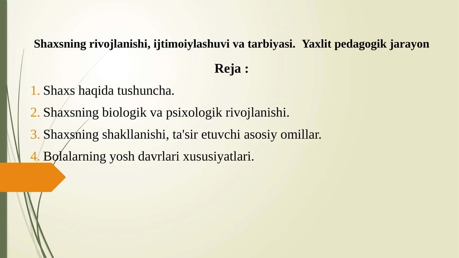 Shaxsning rivojlanishi, ijtimoiylashuvi va tarbiyasi. Yaxlit pedagogik jarayon