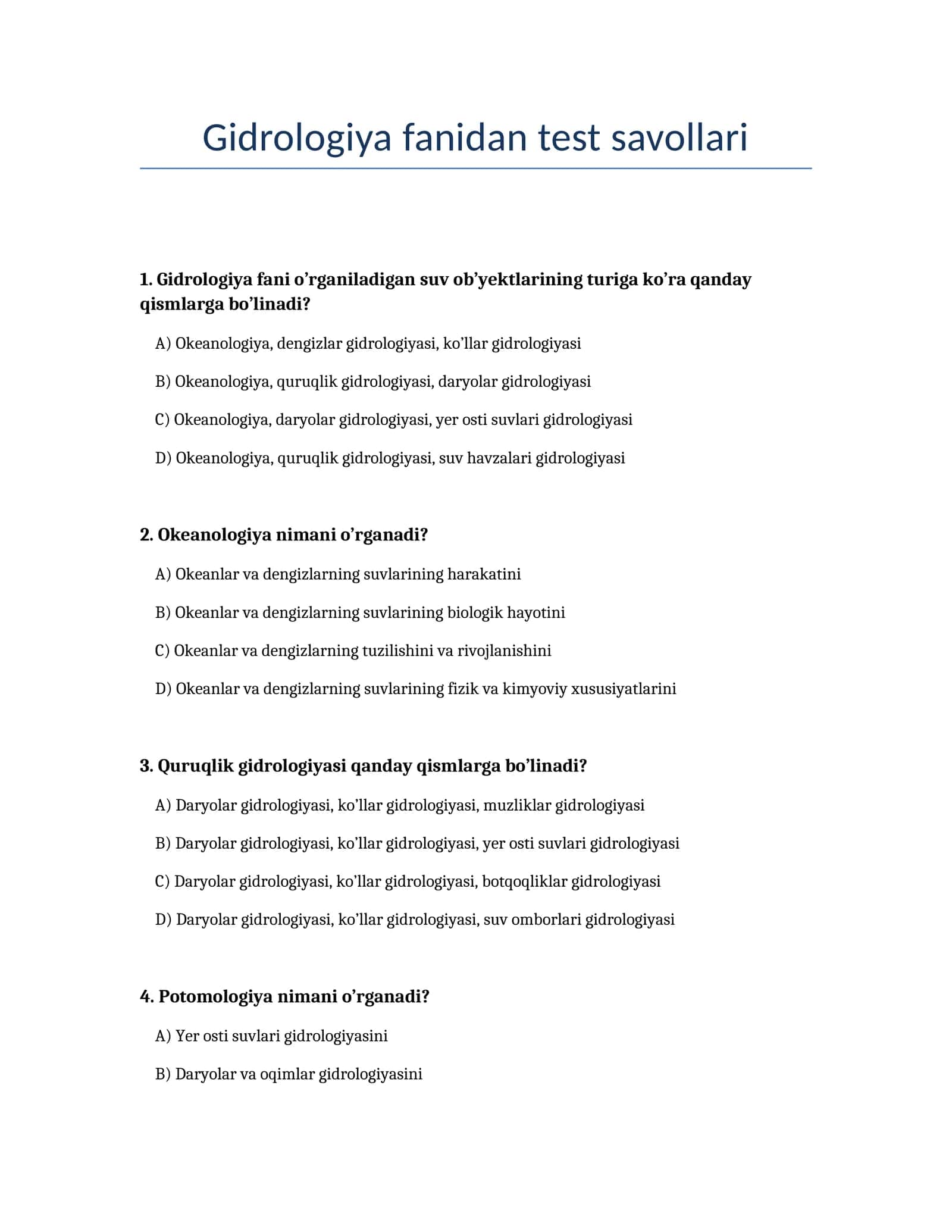 Gidrologiya fanidan test savollari