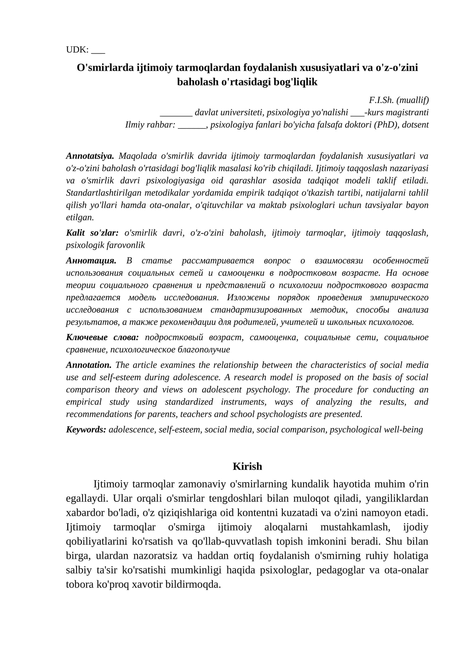 Na'muna maqola Psixologiya Osmirlarda ijtimoiy tarmoqlardan foydalanish xususiyatlari v namuna