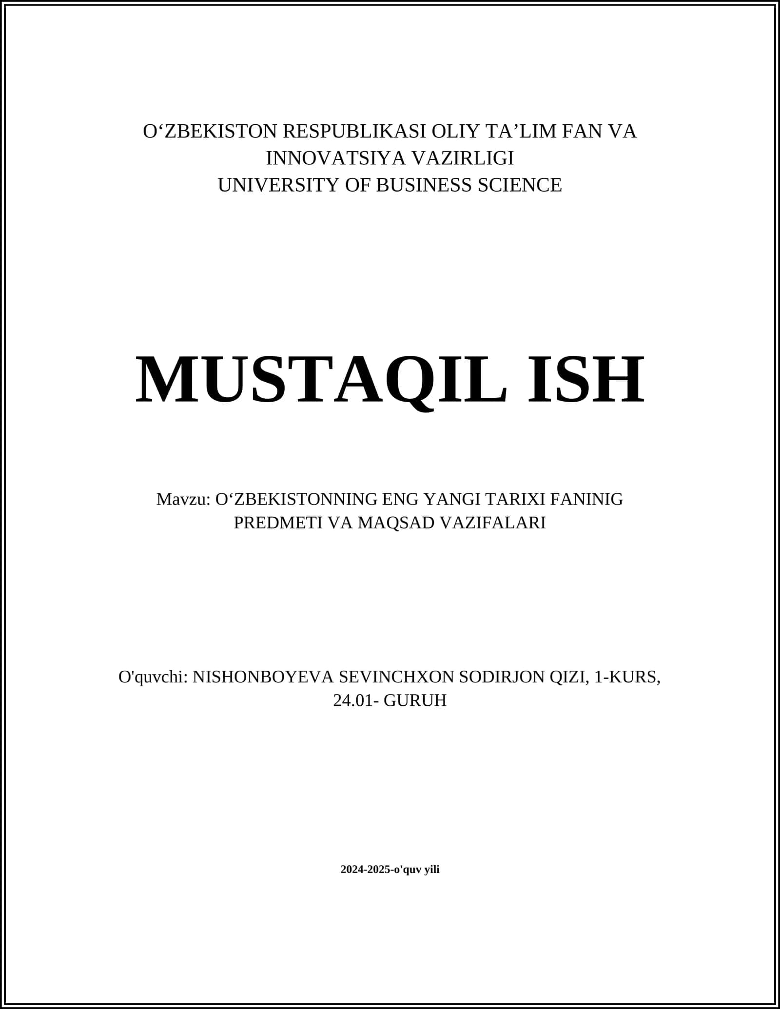 O‘zbekistonning yangi tarixi fanining predmeti