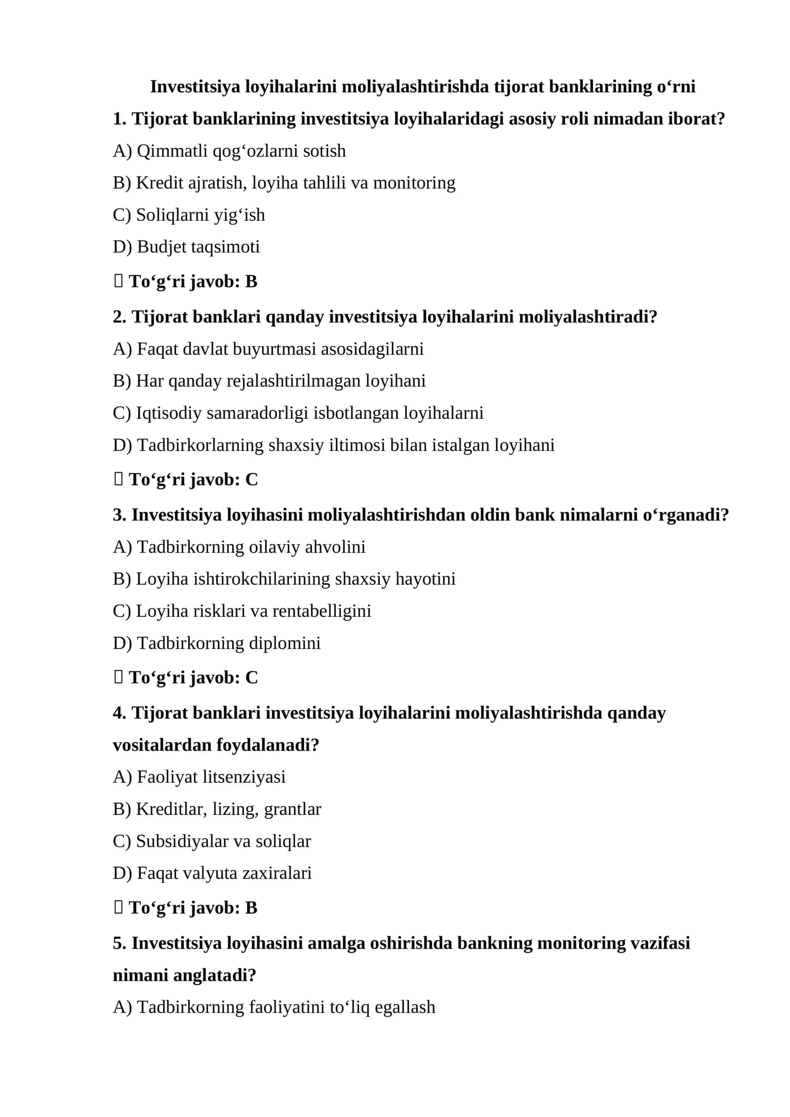 Tijorat banklarining investitsiya loyihalari