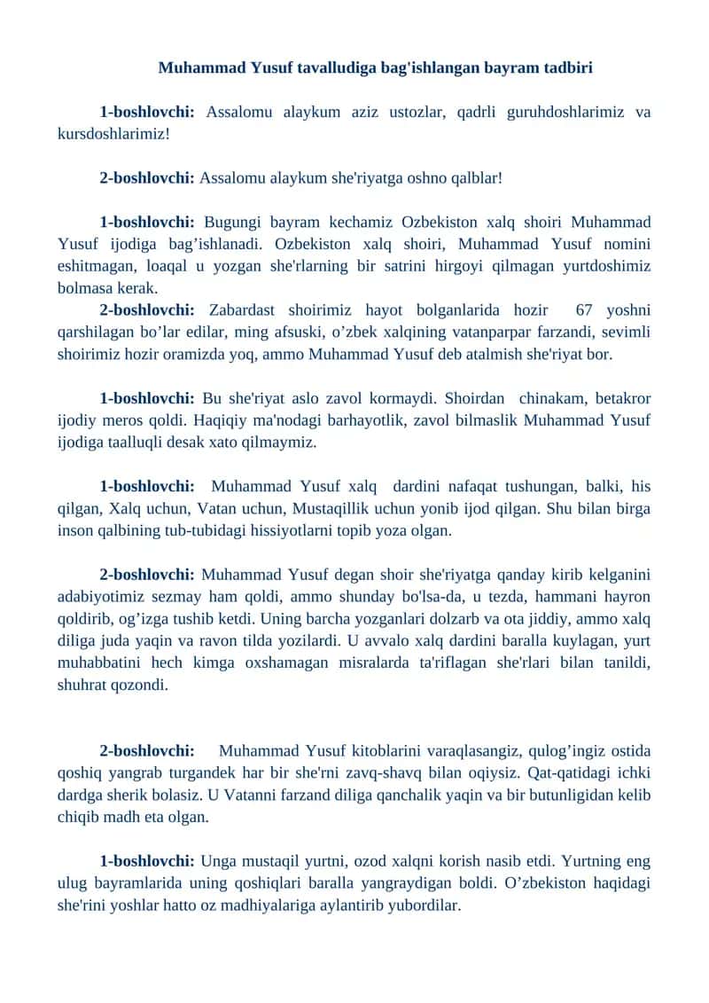 Muhammad Yusuf tavalludiga bag'ishlangan bayram tadbiri