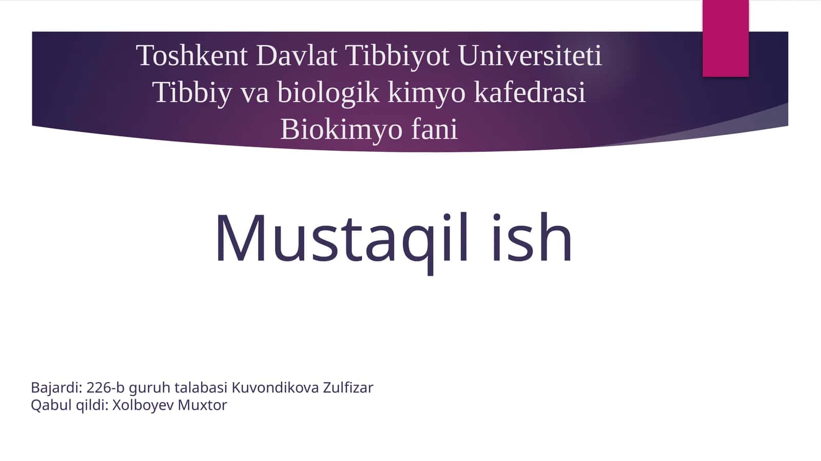 Pankreatit rivojlanishining biokimyoviy asoslari, davolash va diagnostika tamoyillari, ingichka ichakda parchalanish mahsulotlari so'rilishining buzilishi (seliakiya), kron kasalligi va yarali kolit rivojlanishining biokimyoviy asoslari