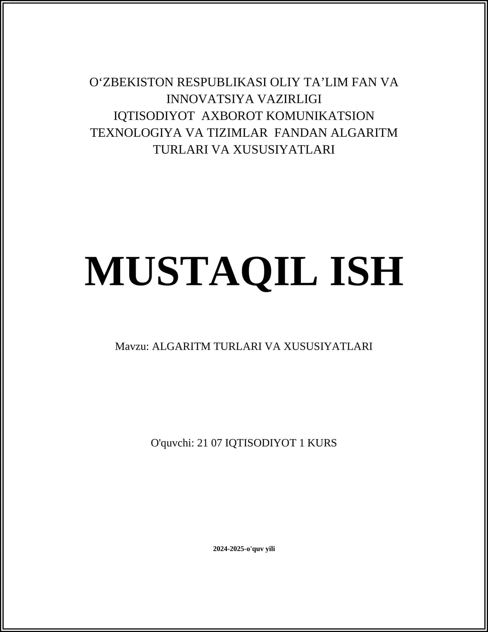 ALGARITM TURLARI VA XUSUSIYATLARI