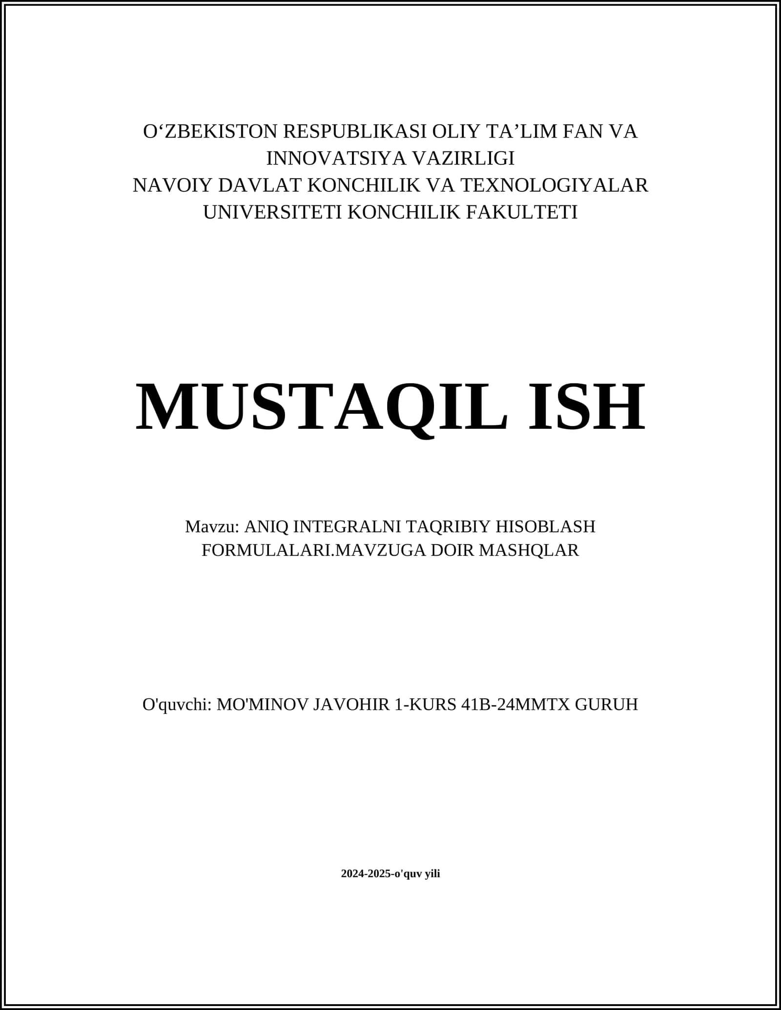 ANIQ INTEGRALNI TAQRIBIY HISOBLASH FORMULALARI