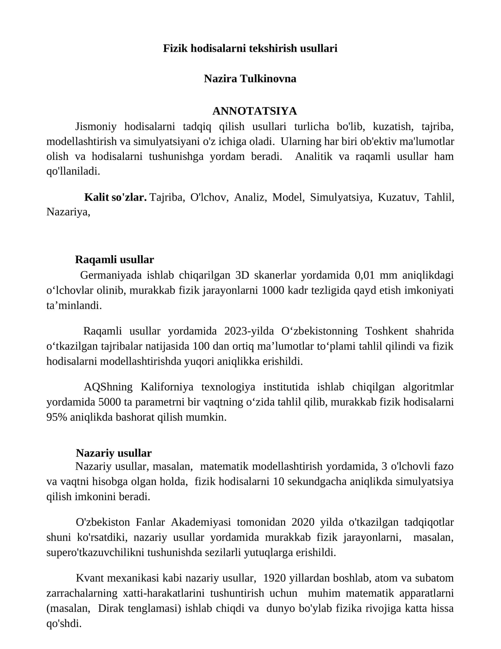 Fizik hodisalarni tekshirish usullari