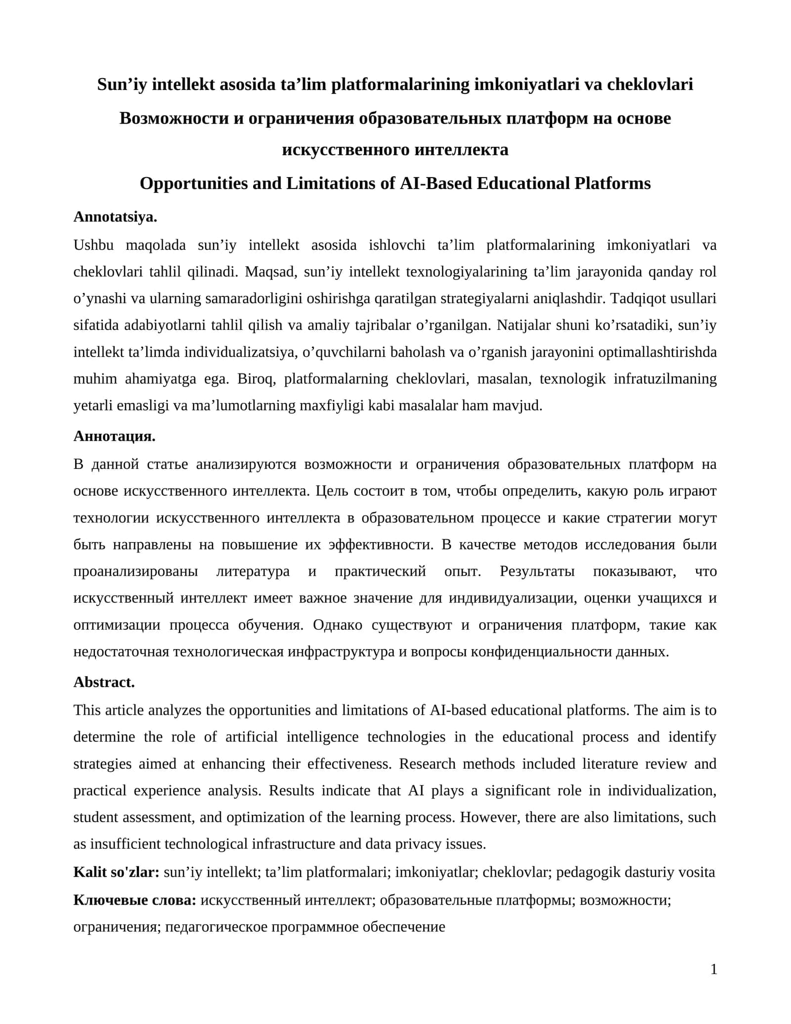 Sun’iy intellekt asosida ta’lim platformalarining imkoniyatlari va cheklovlari