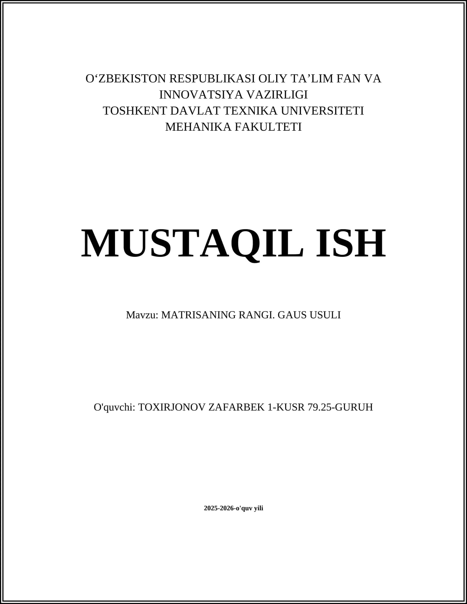 MATRISANING RANGI. GAUS USULI
