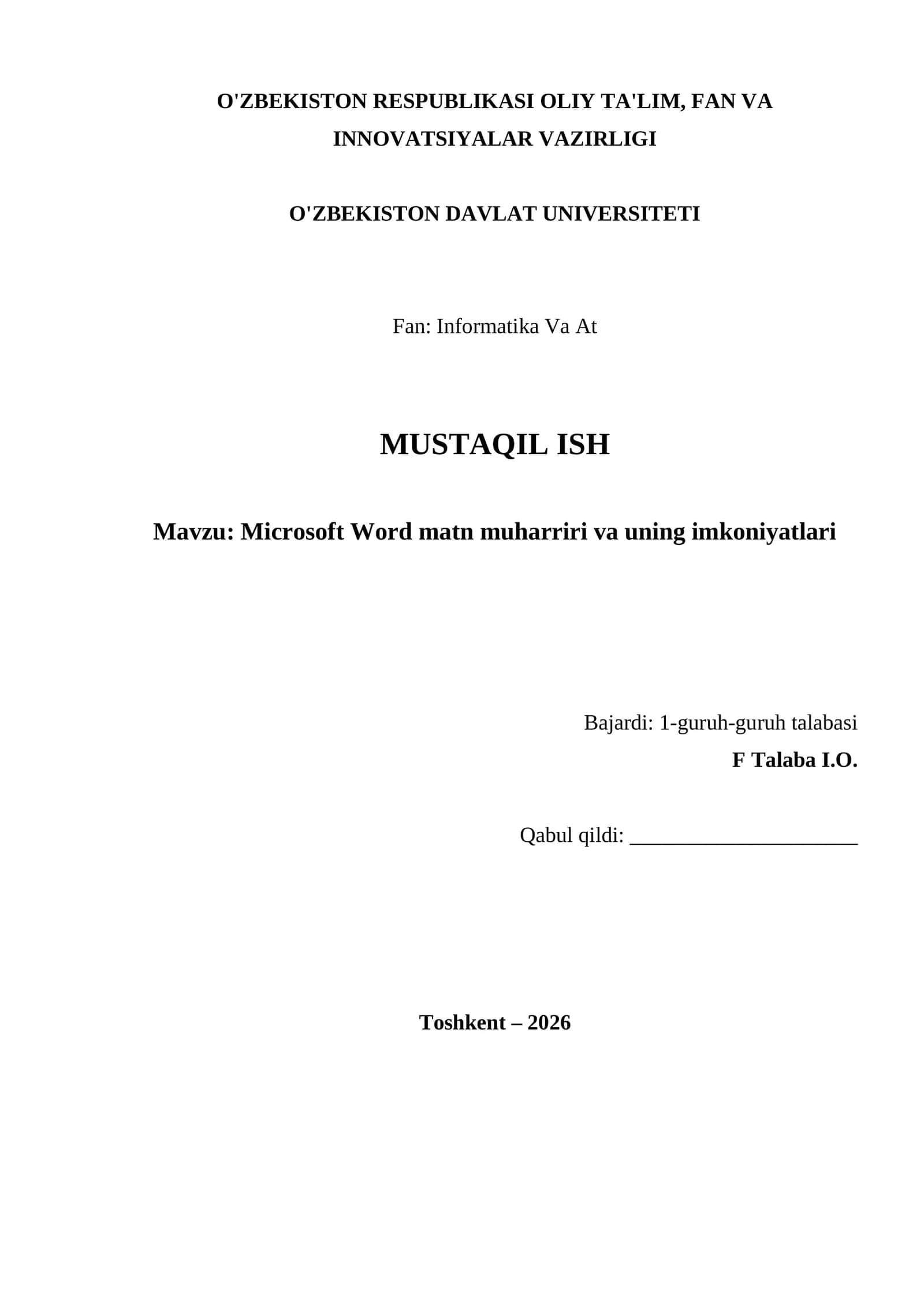 Microsoft Word matn muharriri va uning imkoniyatlari