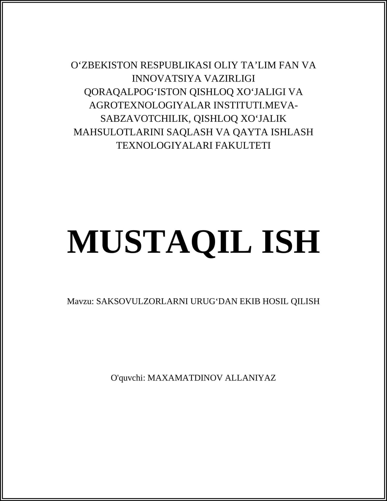 SAKSOVULZORLARNI URUG‘DAN EKIB HOSIL QILISH