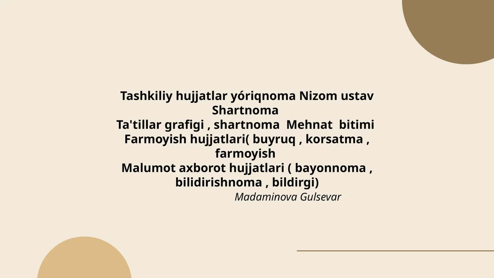 Tashkiliy hujjatlar yóriqnoma Nizom ustav Shartnoma