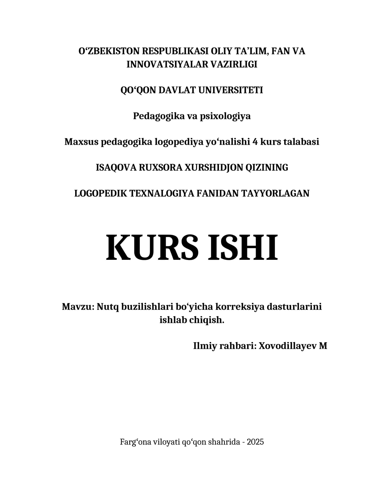 NUTQ BUZILISHLARI BO‘YICHA KORREKSIYA DASTURLARINI ISHLAB CHIQISH.