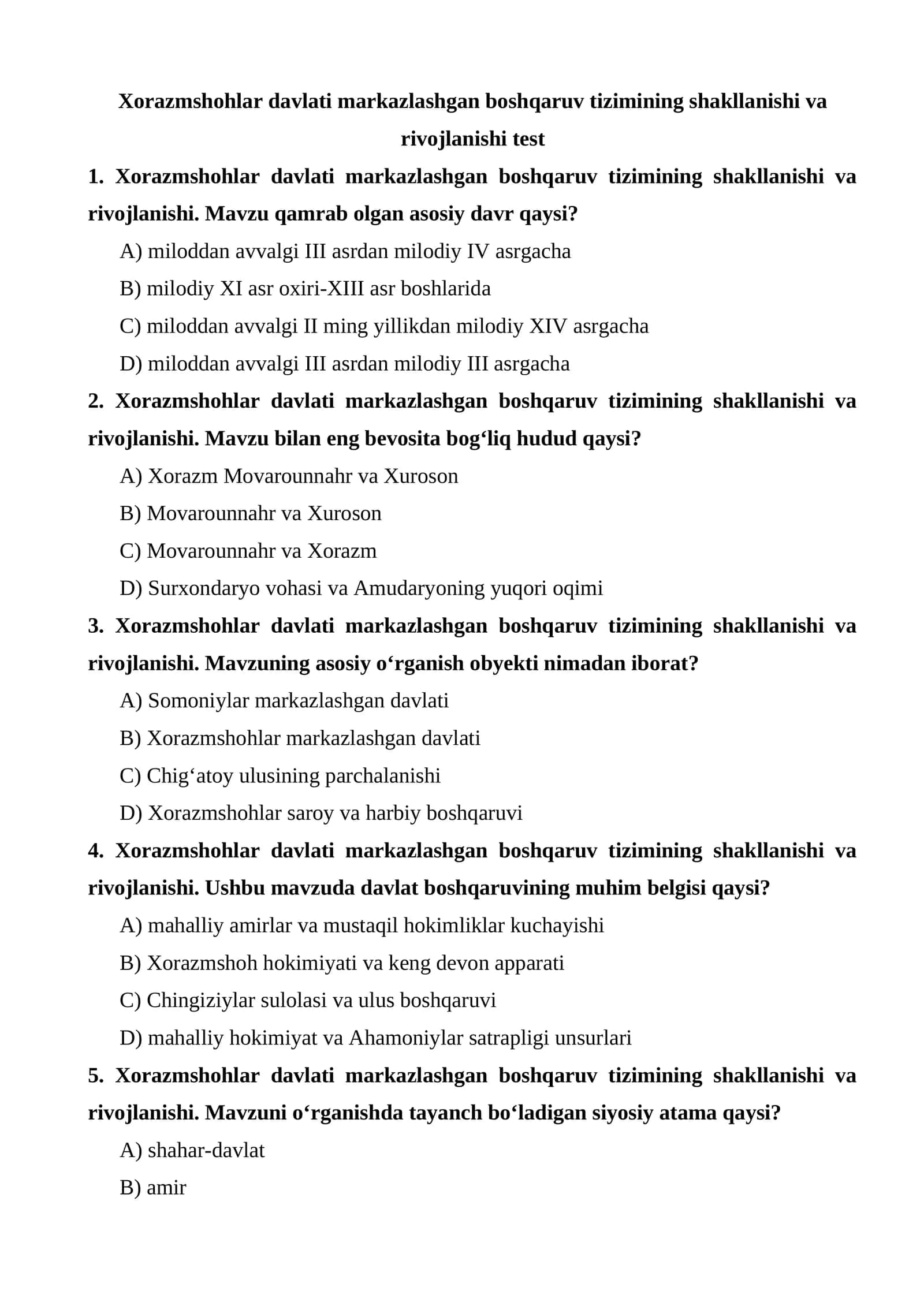 Xorazmshohlar davlati markazlashgan boshqaruv tizimining shakllanishi va rivojlanishi