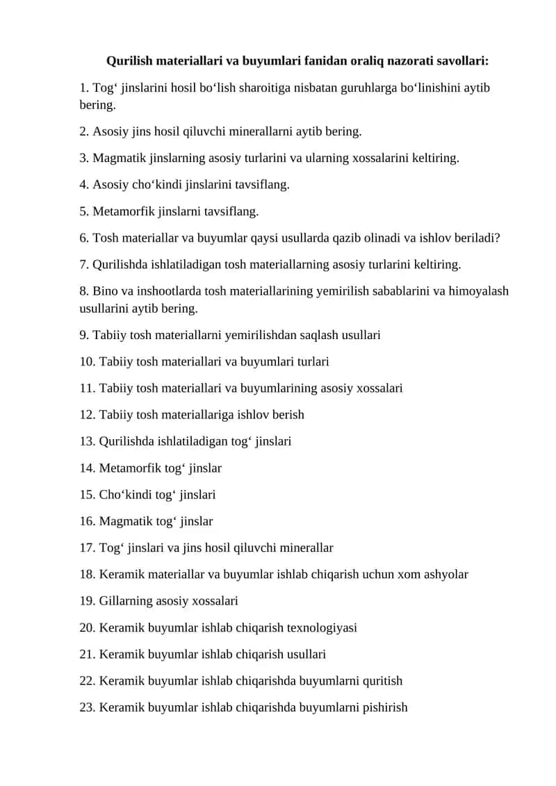 Qurilish materiallari va buyumlari fanidan oraliq nazorati savollari