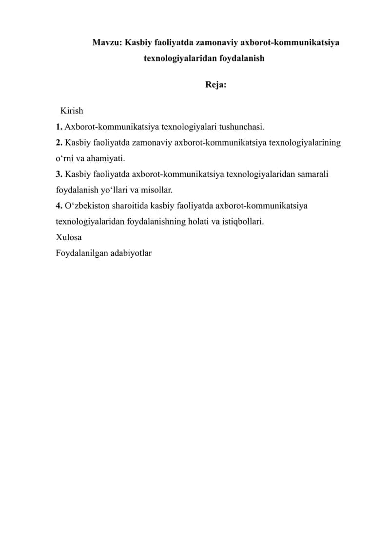 Kasbiy faoliyatda zamonaviy axborot-kommunikatsiya texnologiyalaridan foydalanish