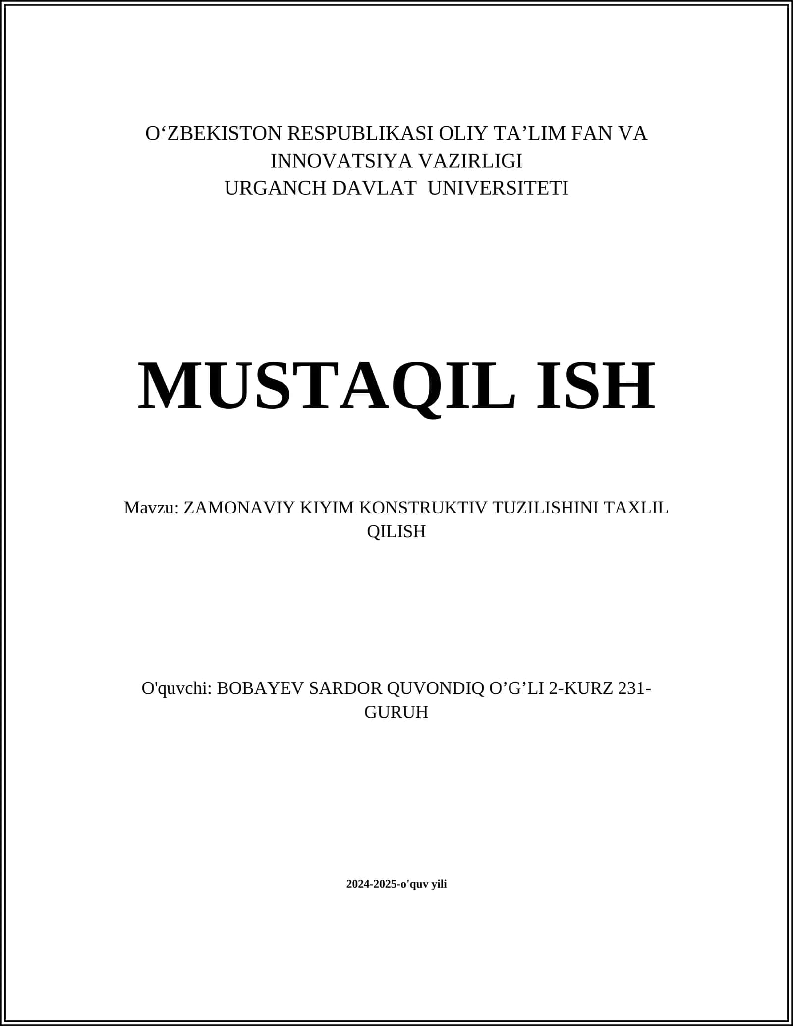 ZAMONAVIY KIYIM KONSTRUKTIV TUZILISHINI TAXLIL QILISH