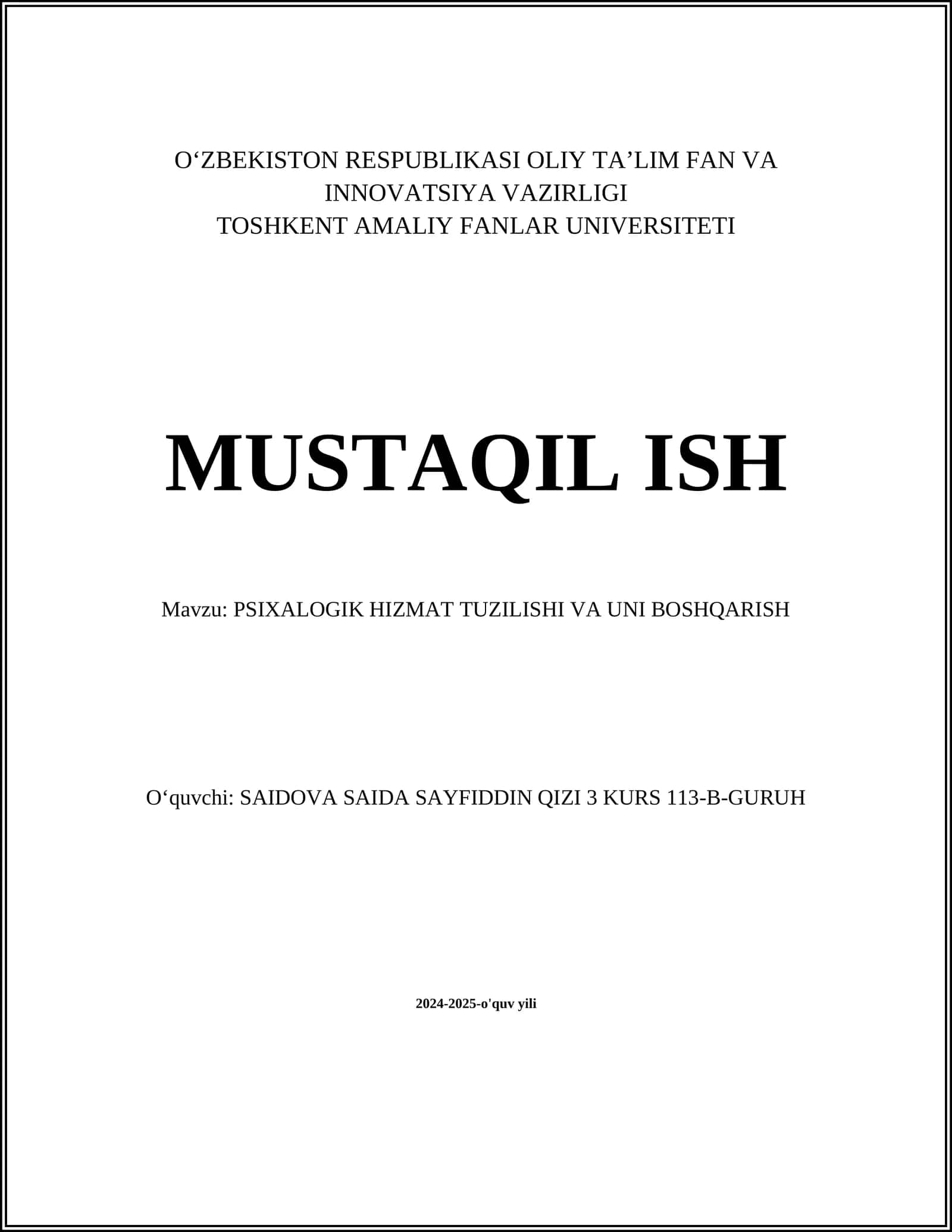 PSIXALOGIK HIZMAT TUZILISHI VA UNI BOSHQARISH