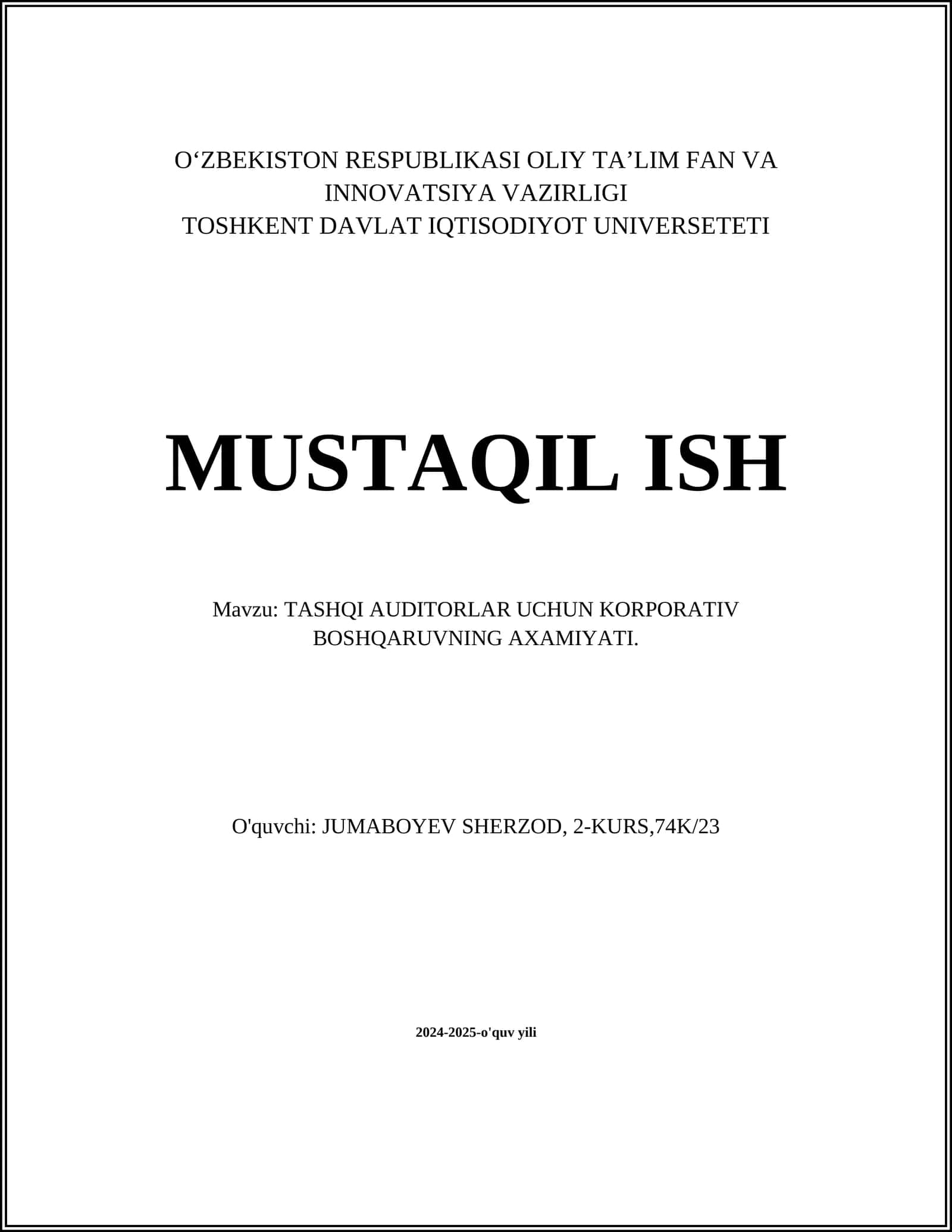 TASHQI AUDITORLAR UCHUN KORPORATIV BOSHQARUVNING AXAMIYATI