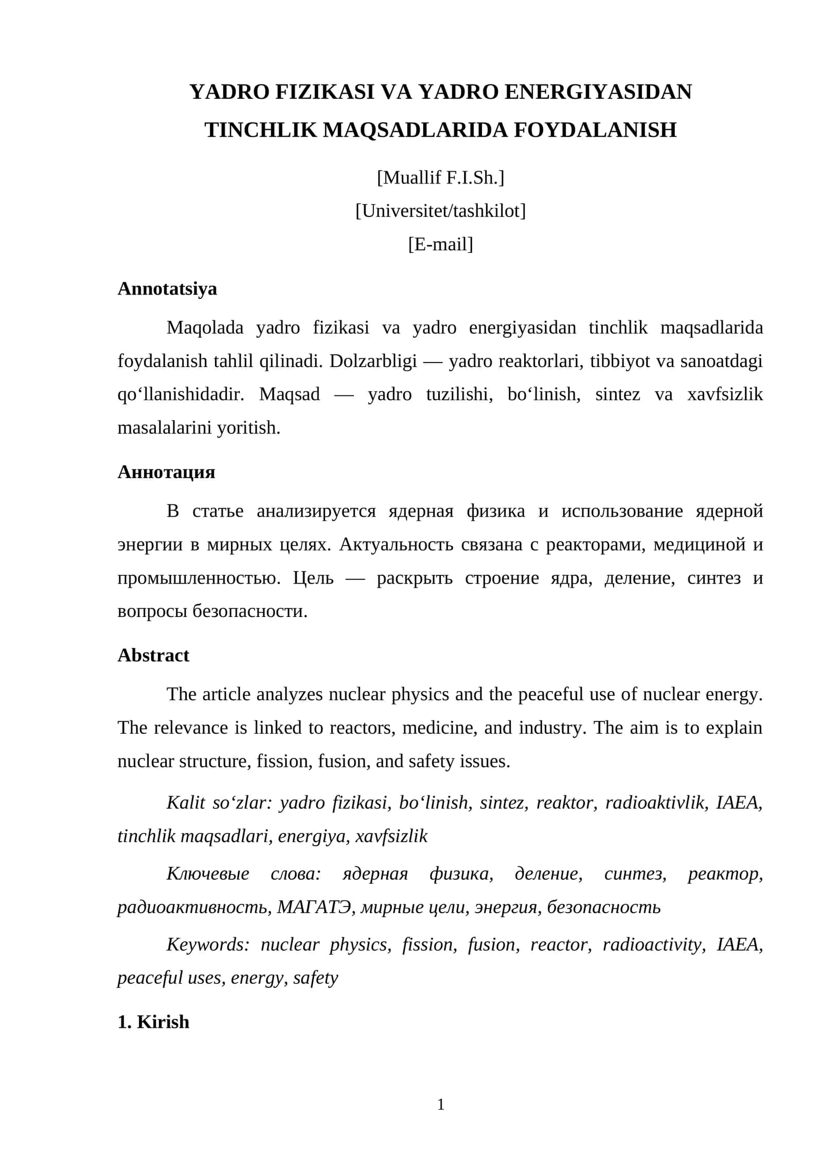 YADRO FIZIKASI VA YADRO ENERGIYASIDAN TINCHLIK MAQSADLARIDA FOYDALANISH
