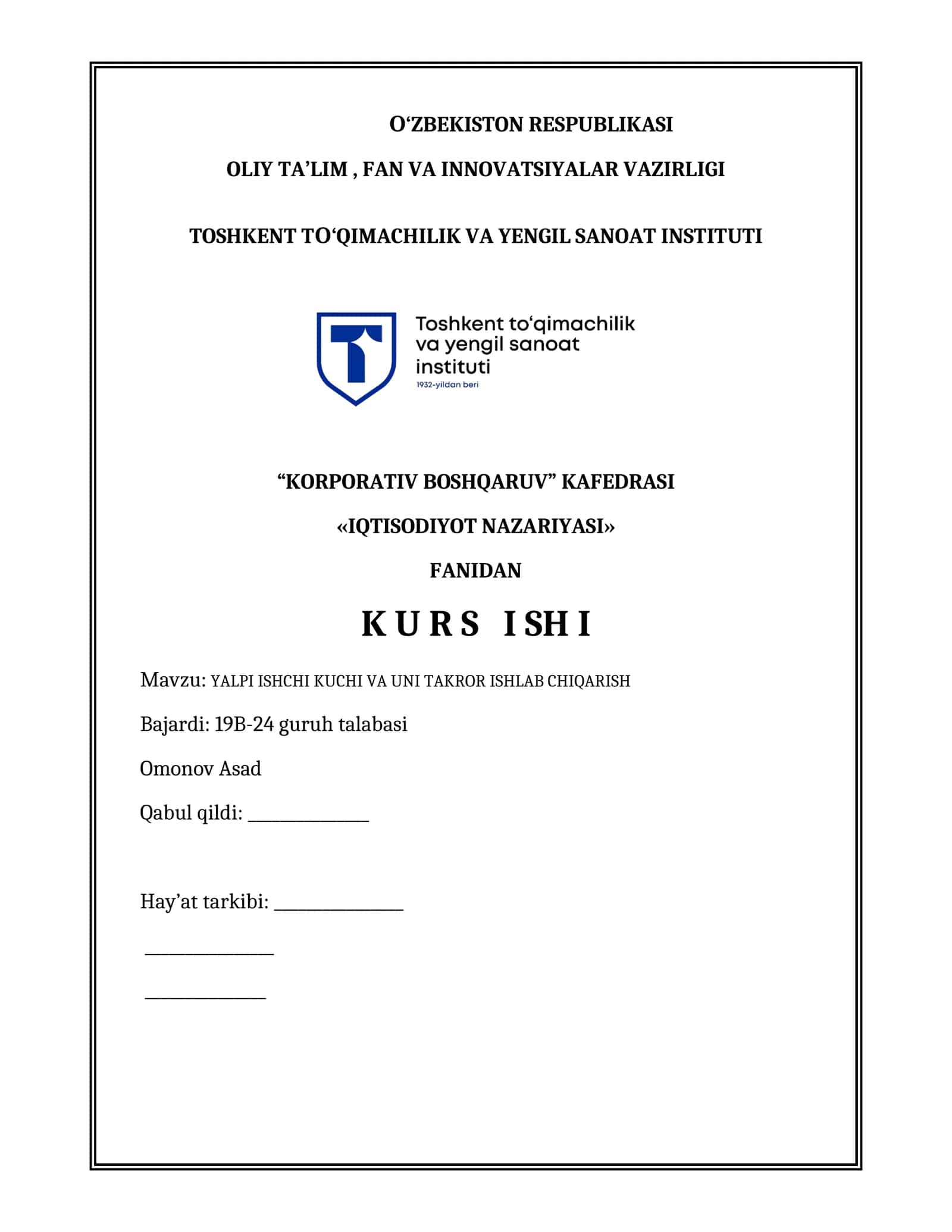 Yalpi ishchi kuchi va uni takror ishlab chiqarish