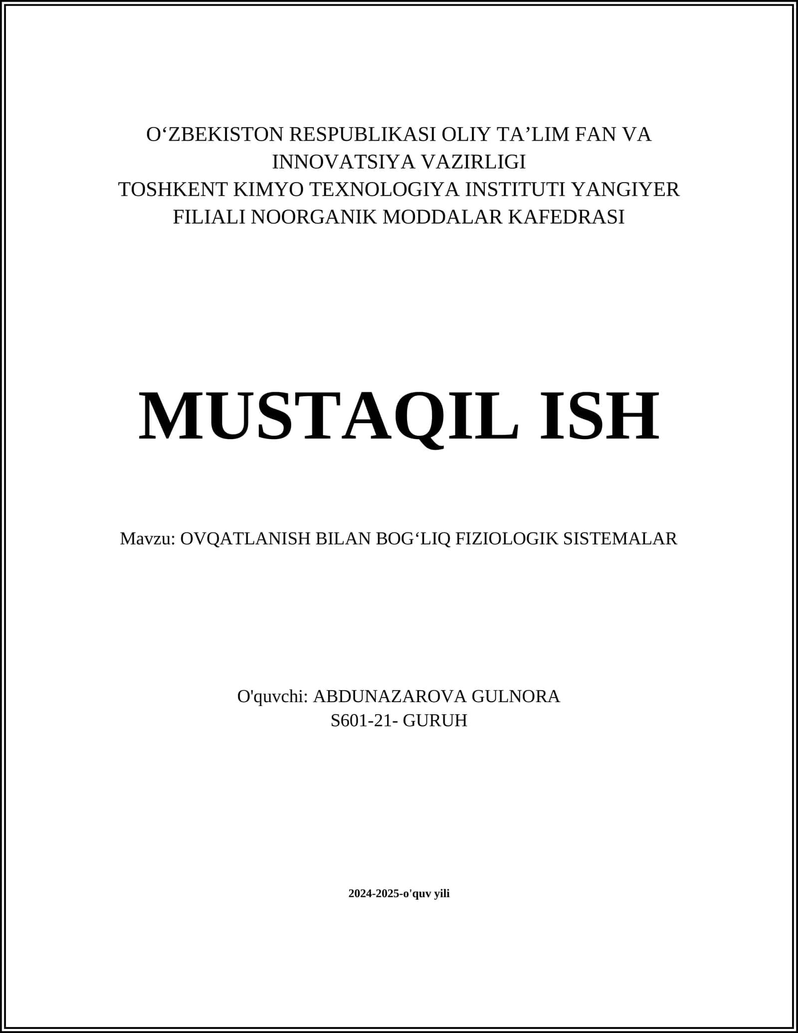 OVQATLANISH BILAN BOGʻLIQ FIZIOLOGIK SISTEMALAR