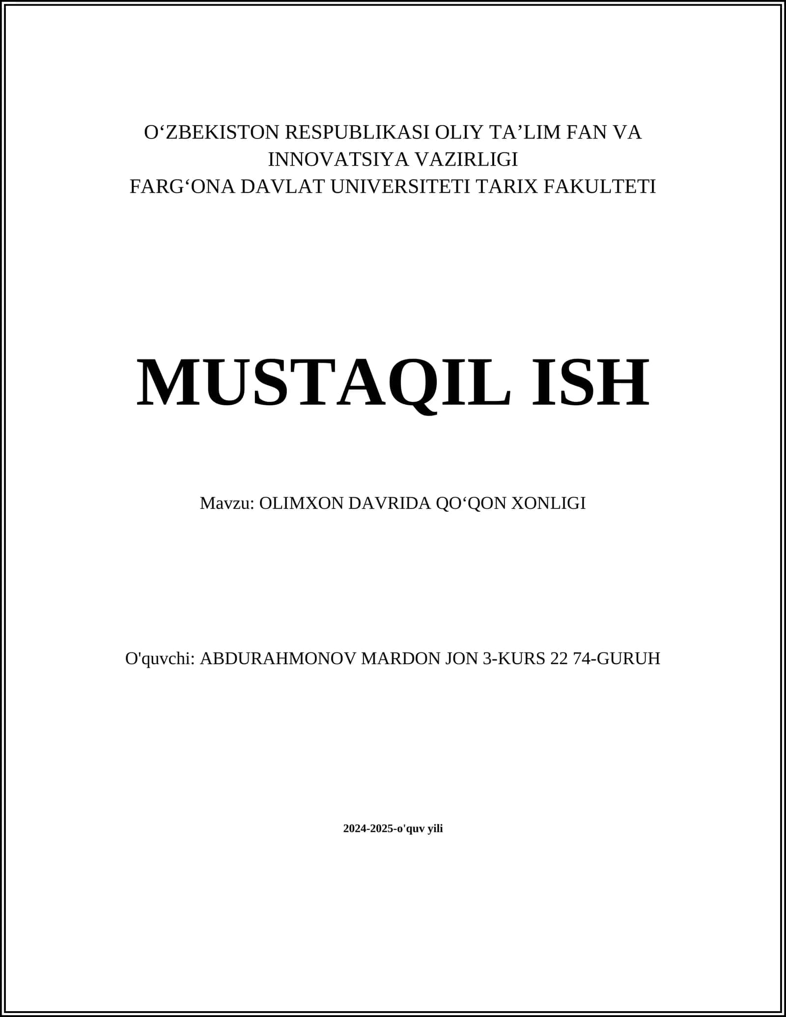 OLIMXON DAVRIDA QOʻQON XONLIGI