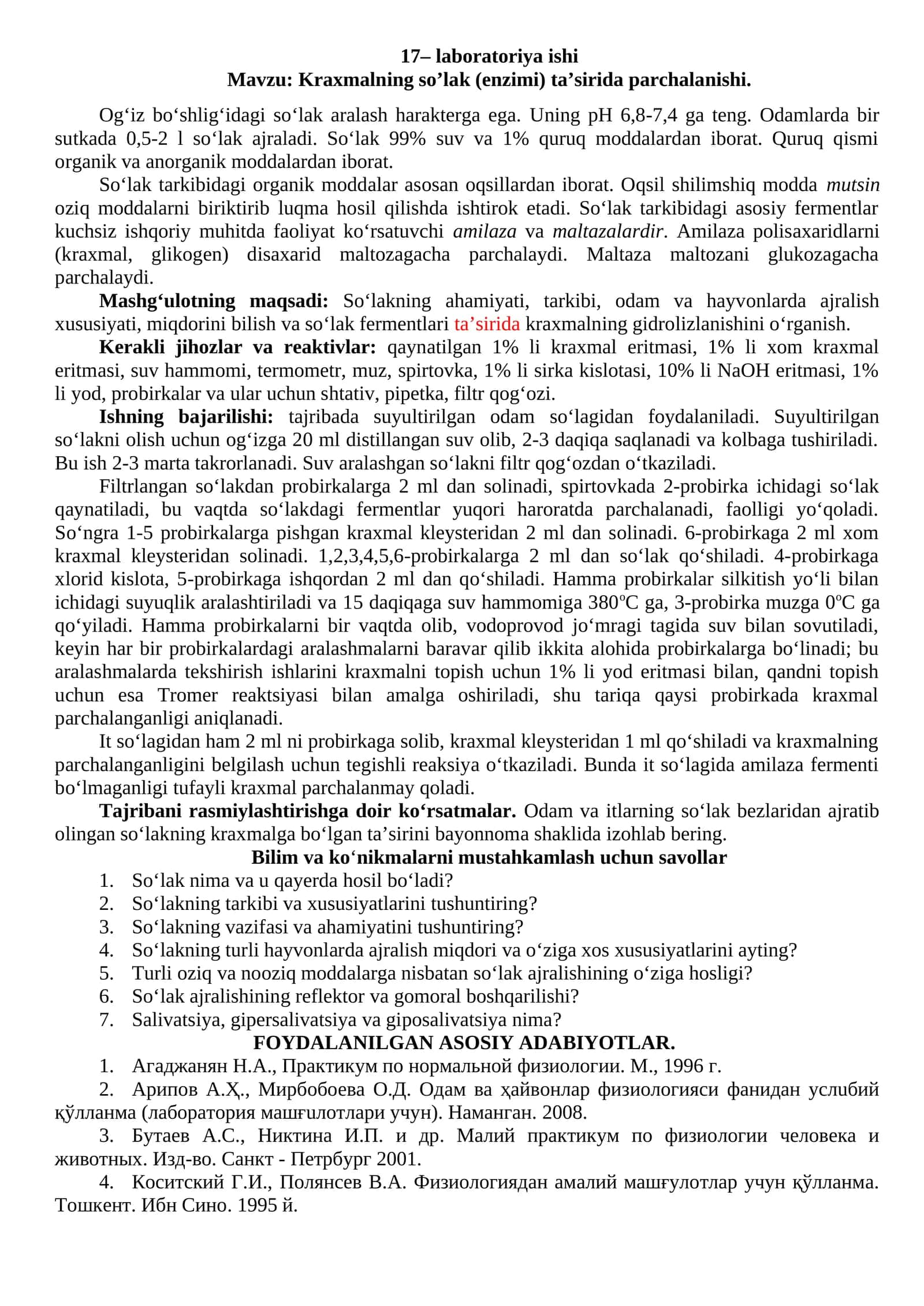 Laboratoriya ishi - Kraxmalning so’lak ta’siri