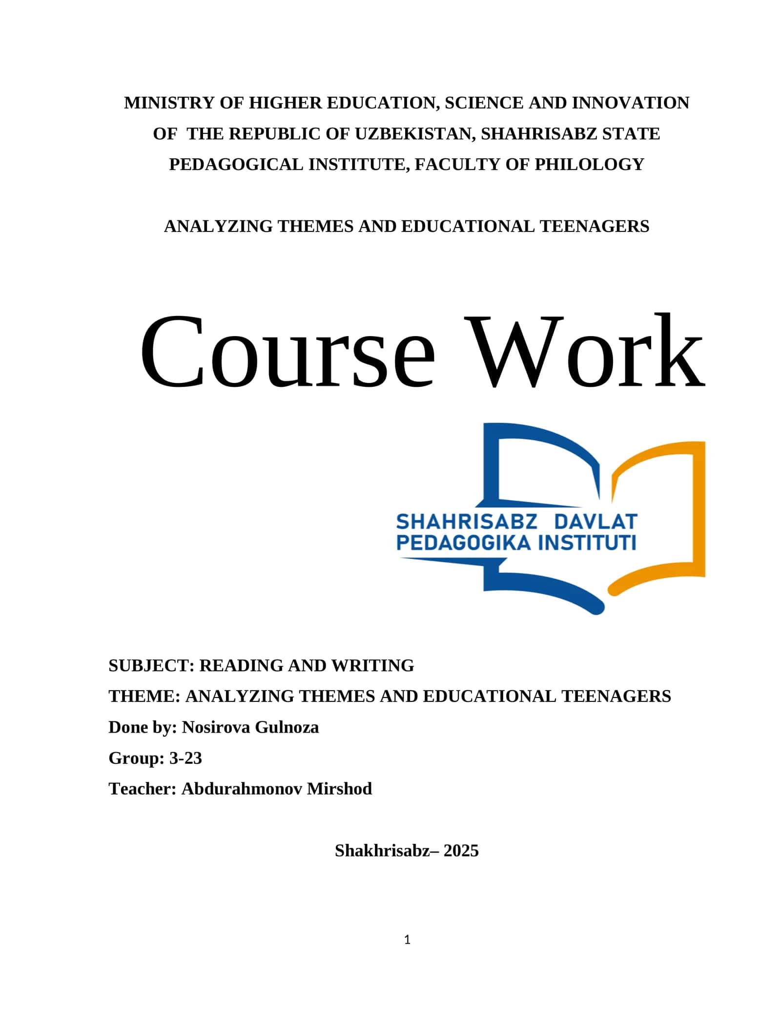 Course Work on Analyzing Themes and Educational Teenagers