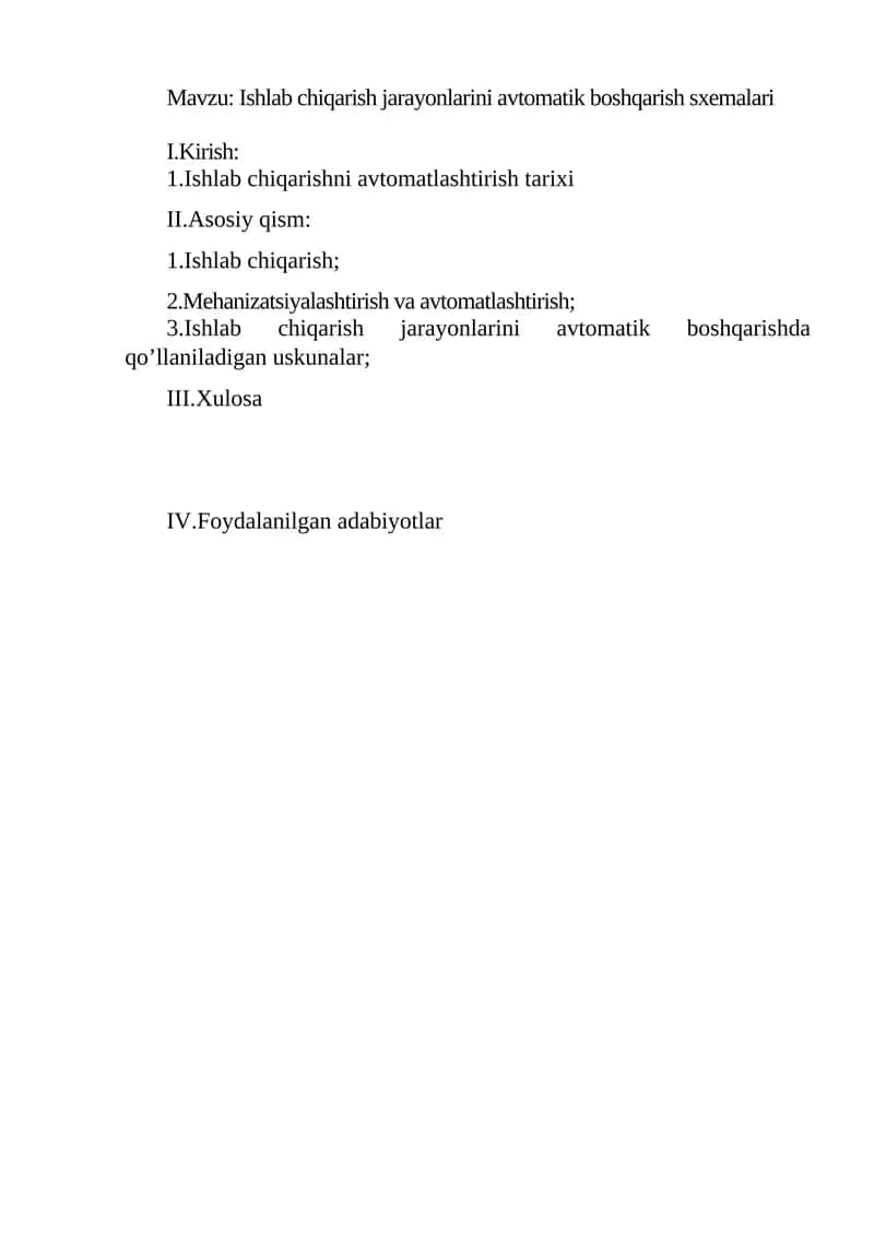 Ishlab chiqarish jarayonlarini avtomatik boshqarish sxemalari