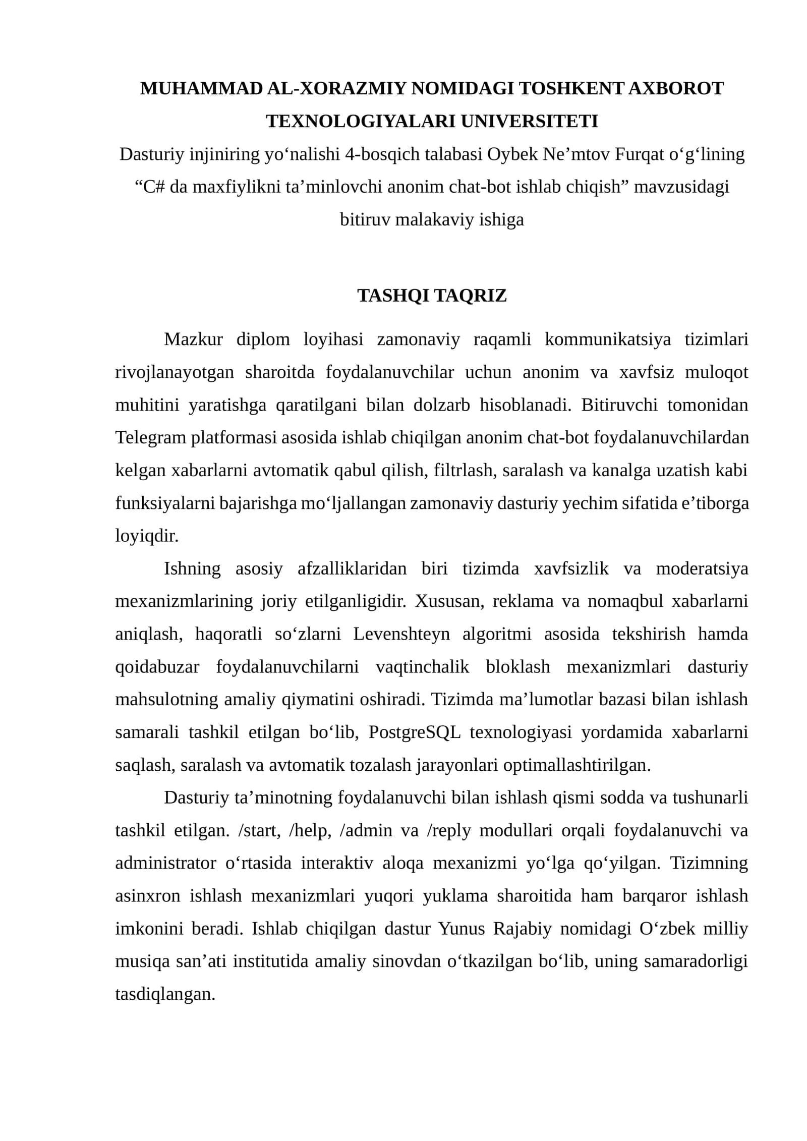 "C# da maxfiylikni ta’minlovchi anonim chat-bot ishlab chiqish" bitiruv ishi