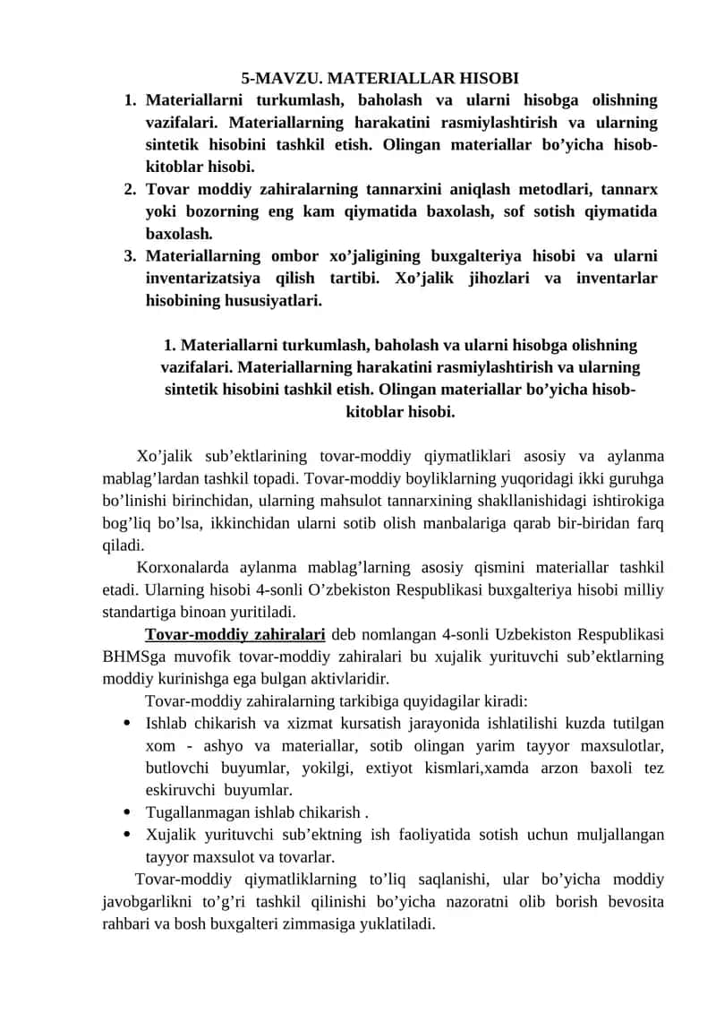 Materiallarni turkumlash va baholash
