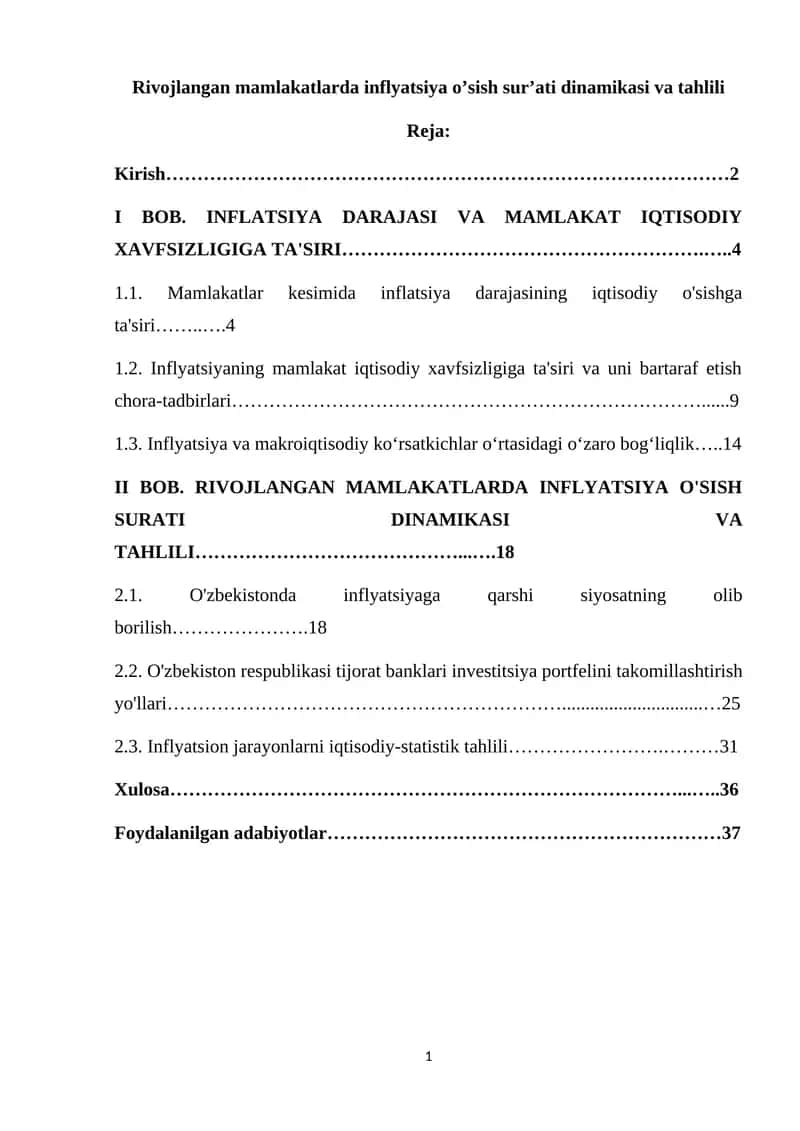 Rivojlangan mamlakatlarda inflyatsiya o’sish sur’ati dinamikasi va tahlili