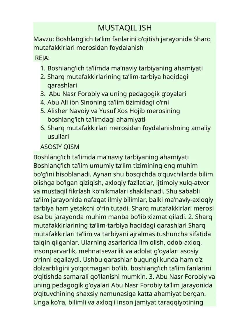Boshlang‘ich ta’lim fanlarini o‘qitish jarayonida Sharq mutafakkirlari merosidan foydalanish