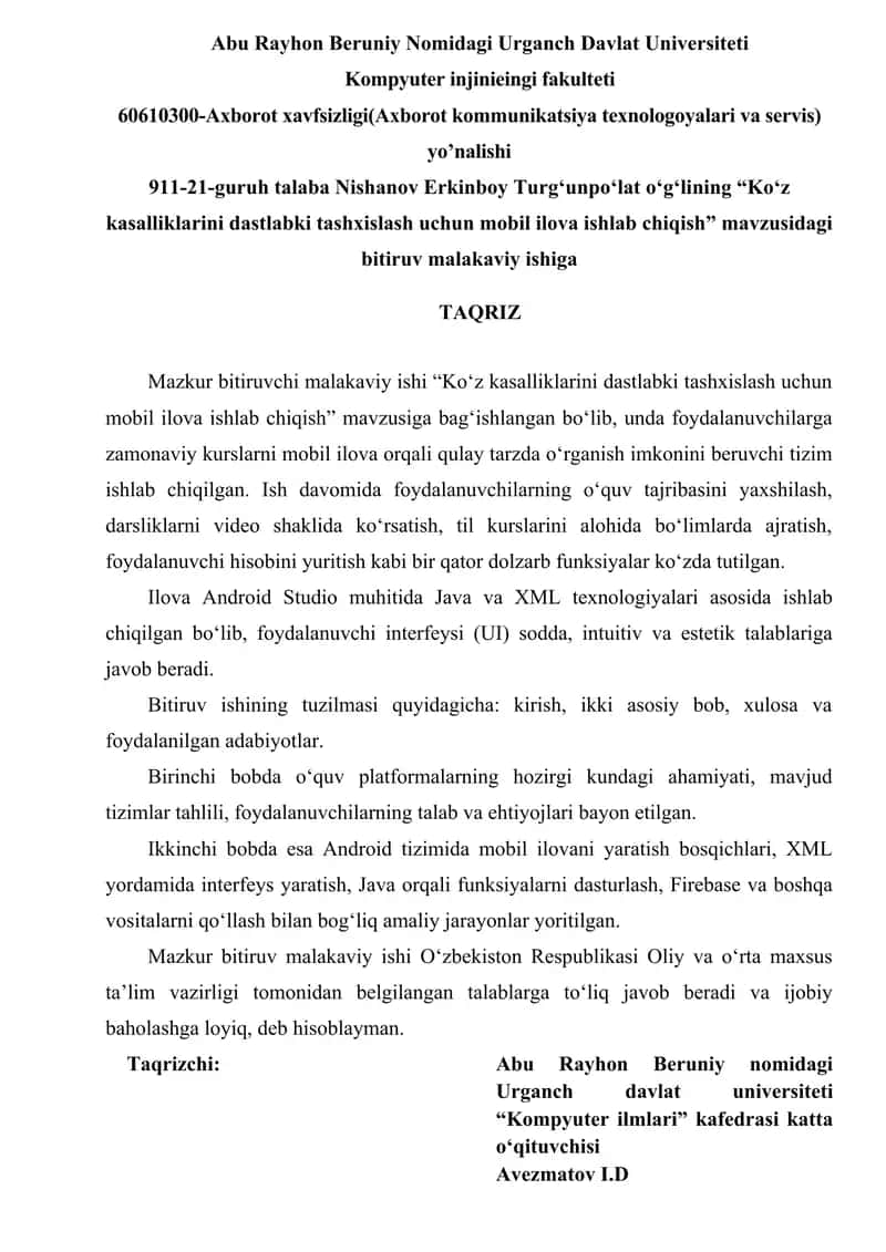 "Ko‘z kasalliklarini dastlabki tashxislash uchun mobil ilova ishlab chiqish"