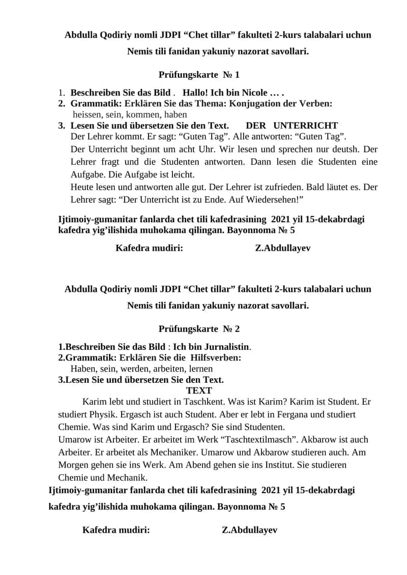 Nemis tili fanidan yakuniy nazorat savollari