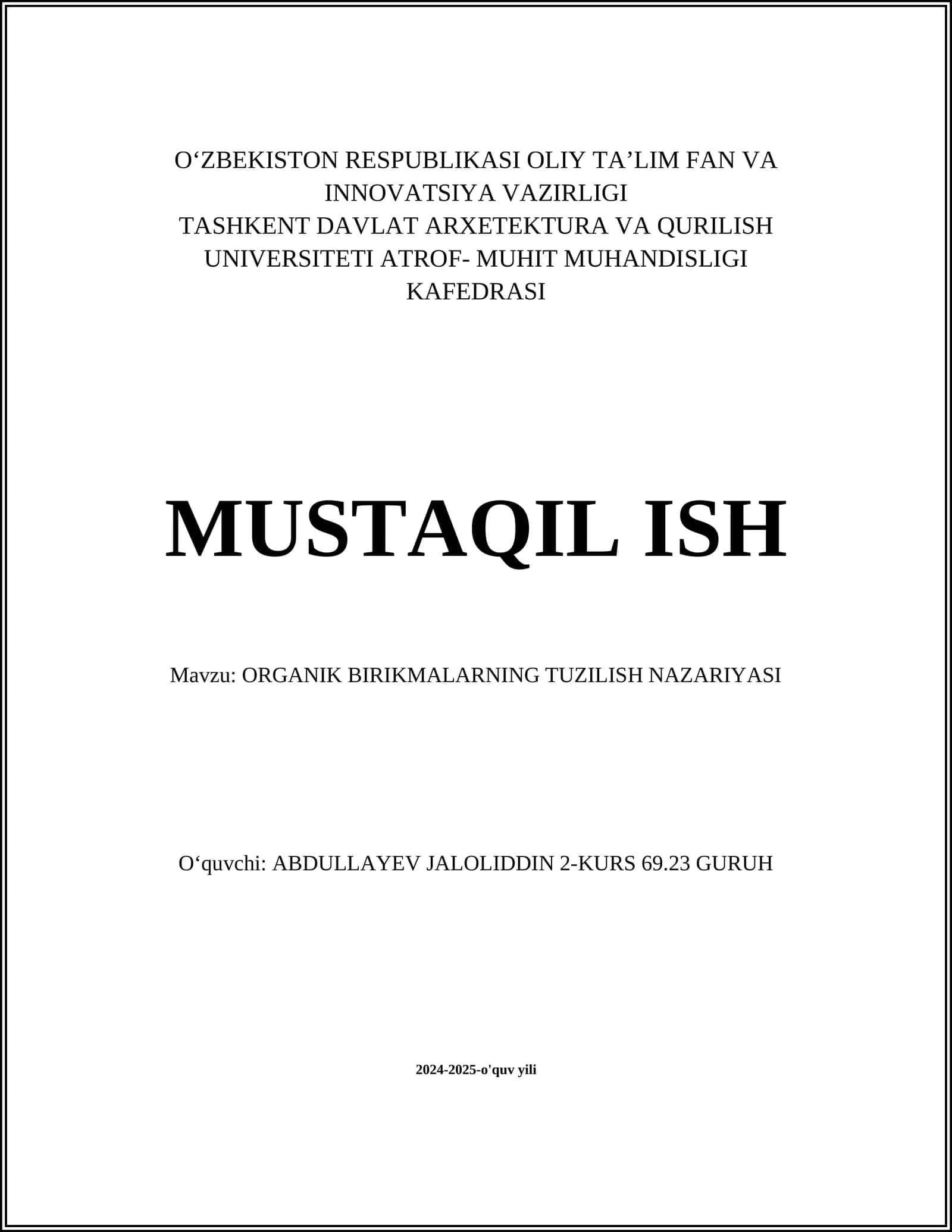 ORGANIK BIRIKMALARNING TUZILISH NAZARIYASI