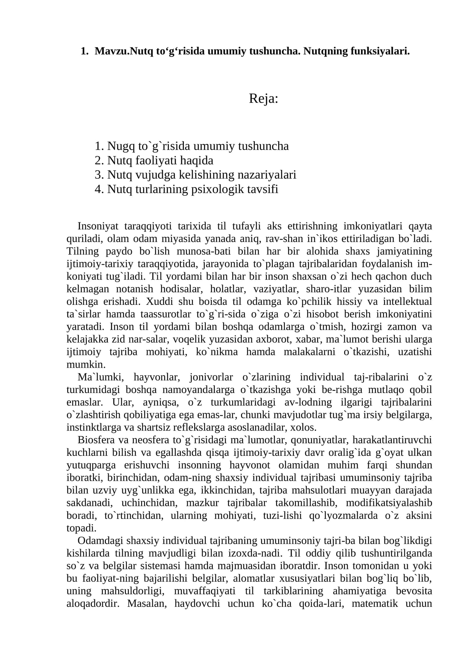 Nutq to‘g‘risida umumiy tushuncha. Nutqning funksiyalari