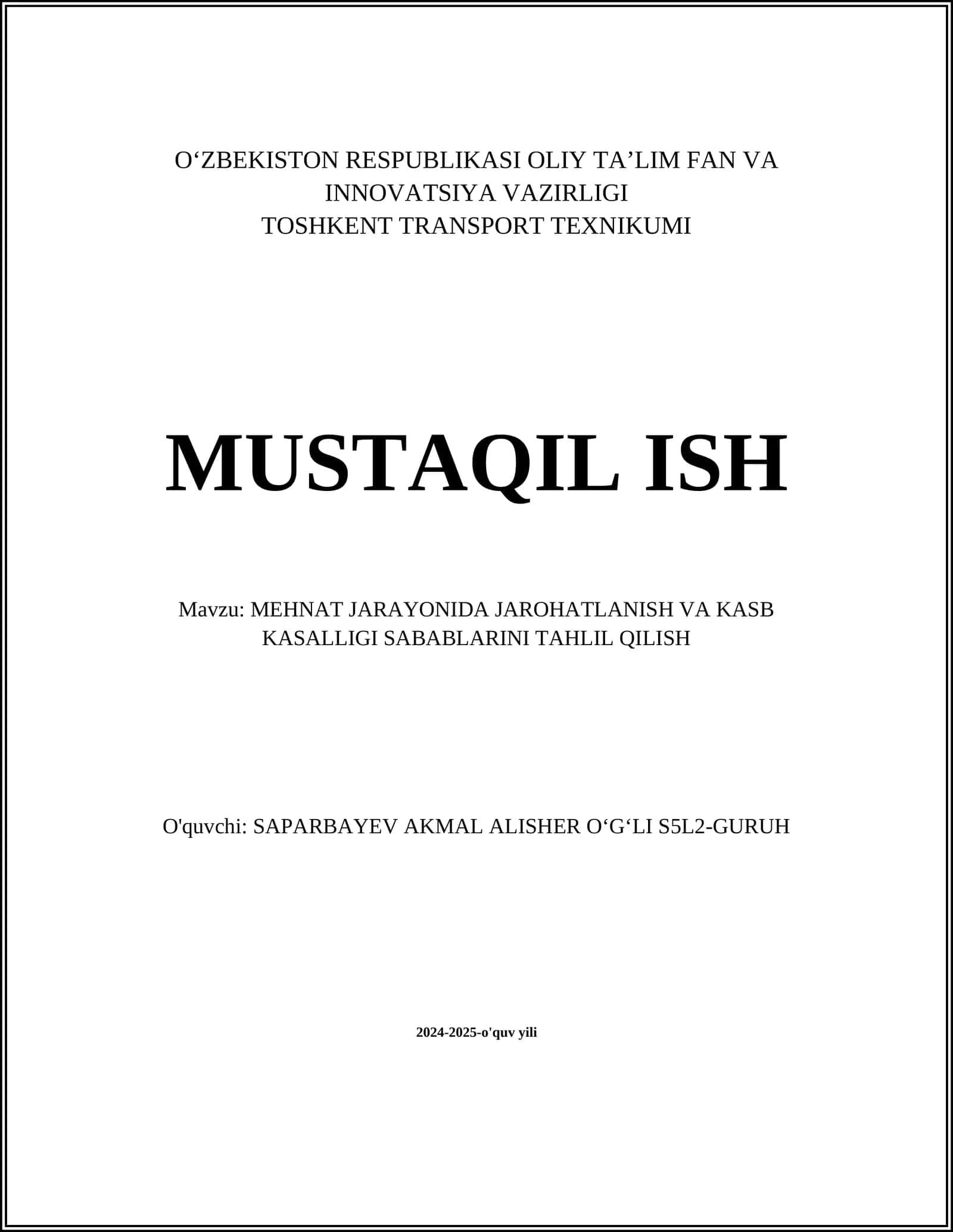 MEHNAT JARAYONIDA JAROHATLANISH VA KASB KASALLIGI SABABLARINI TAHLIL QILISH