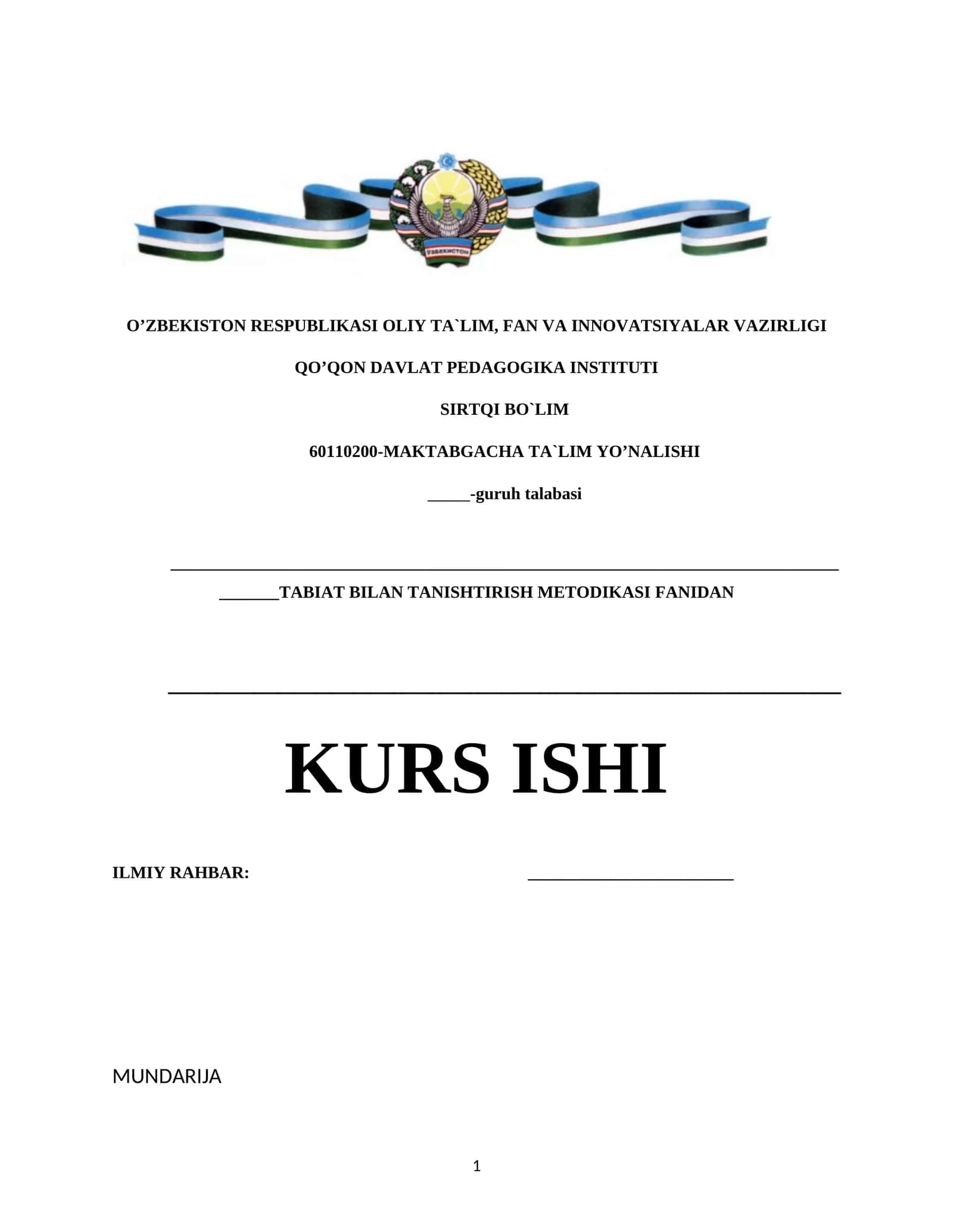 TABIAT BILAN TANISHTIRISH METODIKASI FANIDAN KURS ISHI