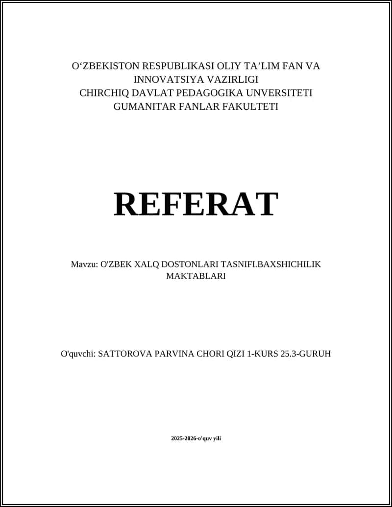 O'zbek Xalq Dostonlari Tasnifi