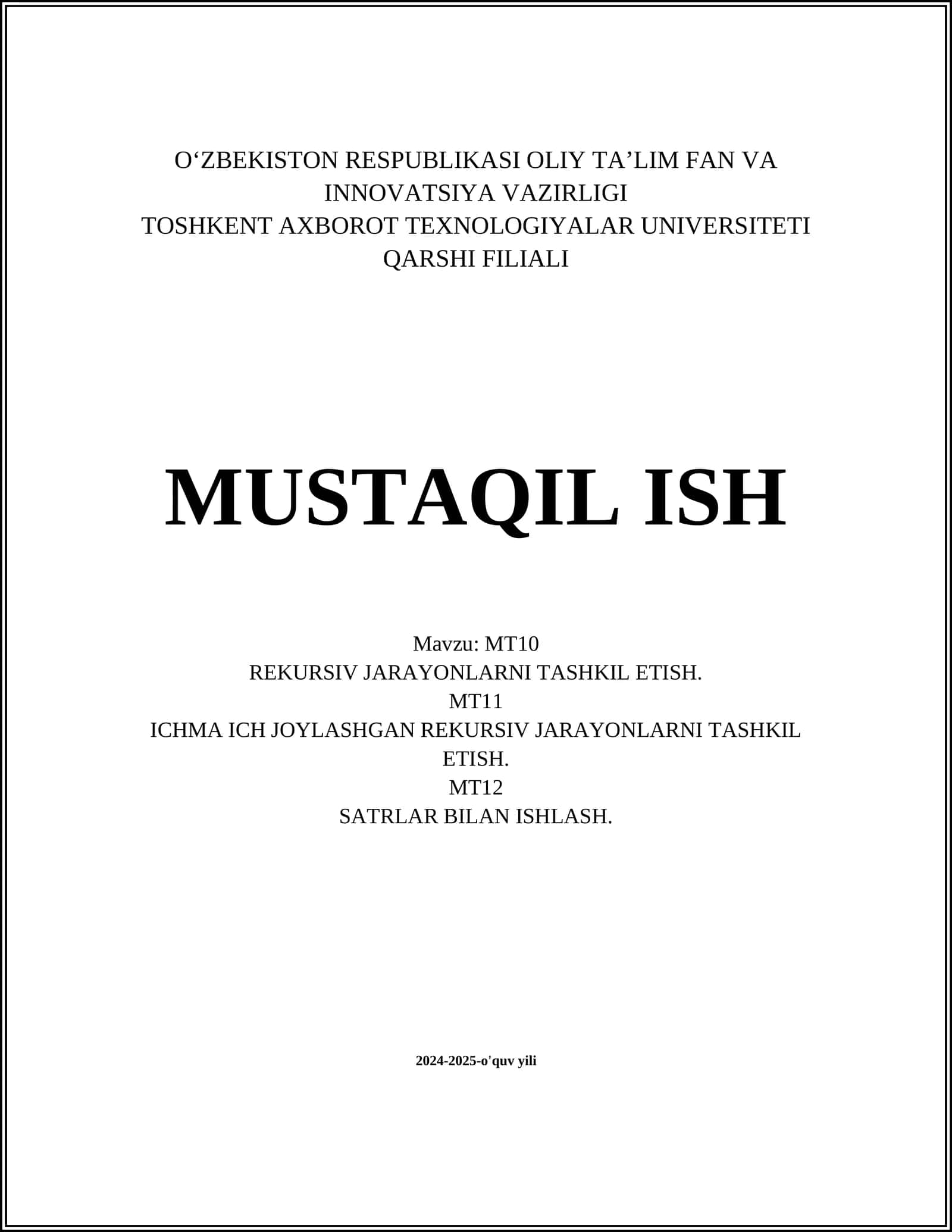 REKURSIV JARAYONLARNI TASHKIL ETISH